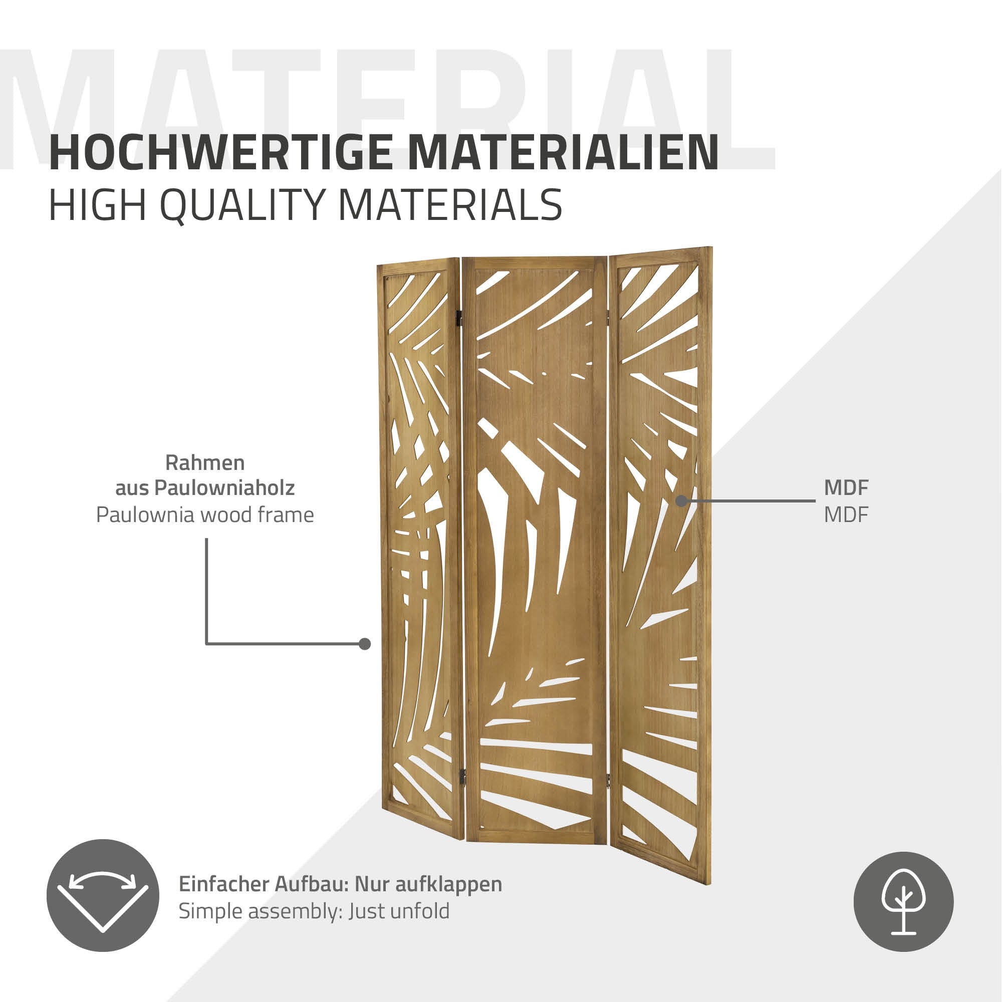ECD Germany Sapporo Paravent bois 170x121 cm marron 3 pans