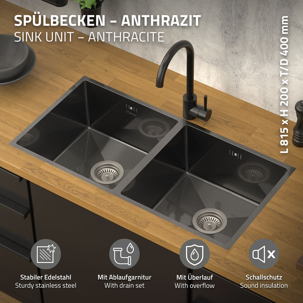 ECD Germany évier cuisine double bac inox anthracite 81,5 cm