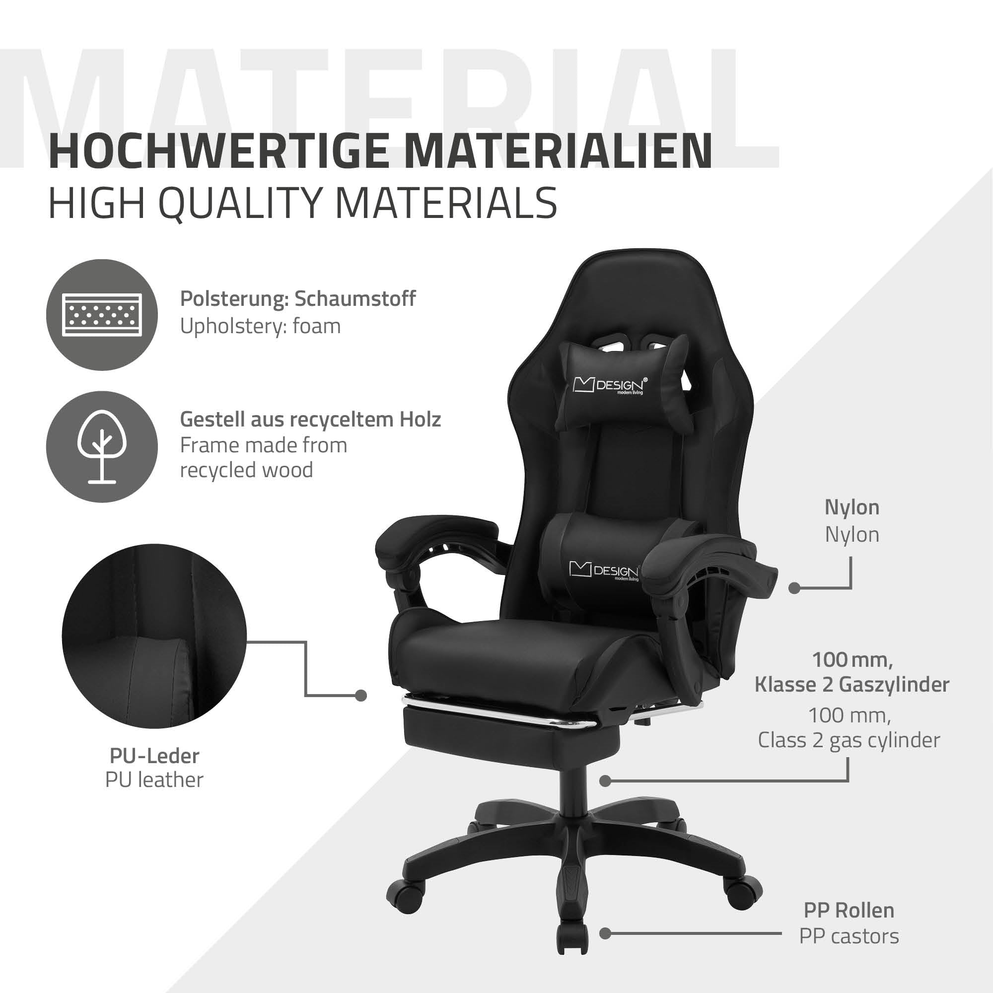 ECD Germany ML-Design chaise gaming noir similicuir repose-pieds