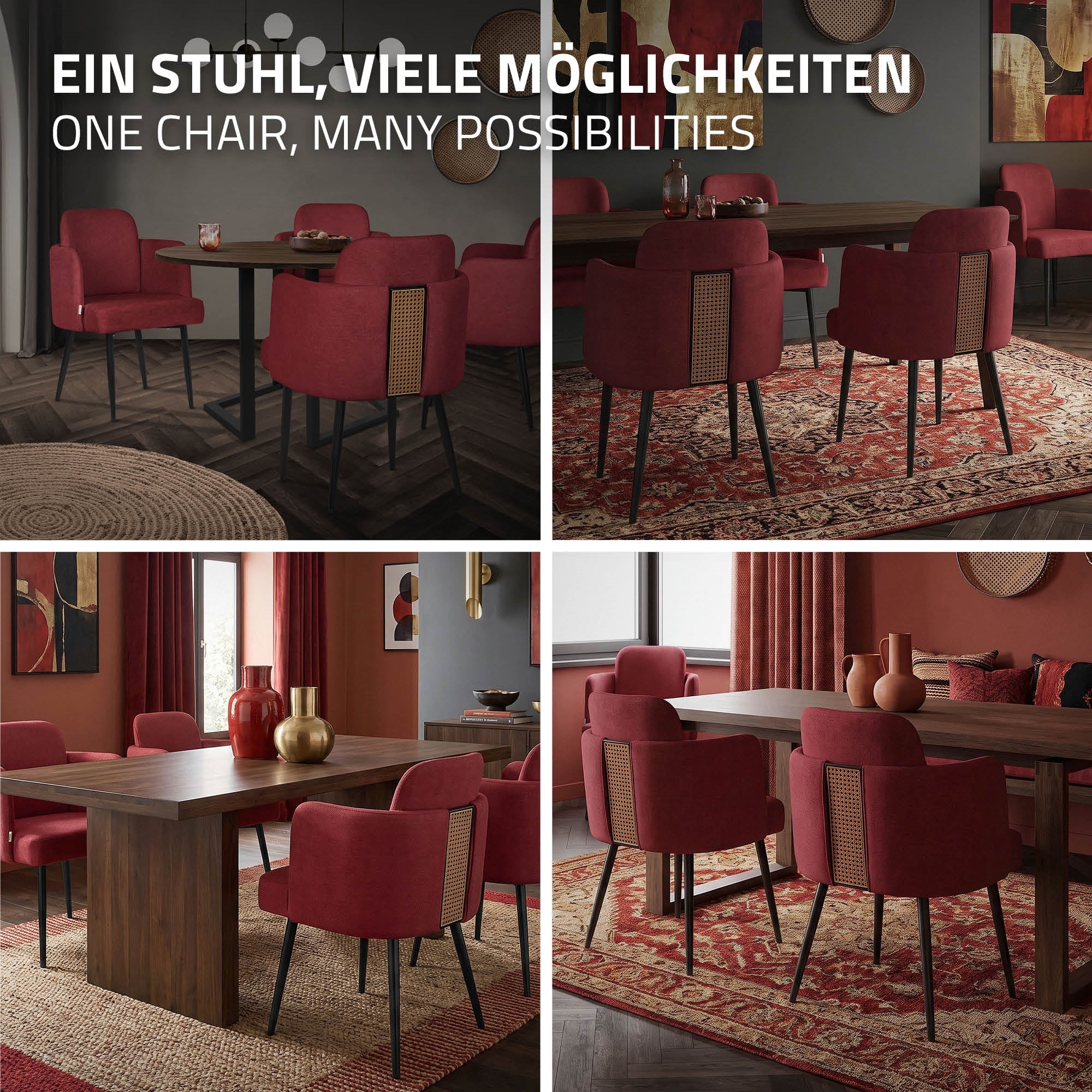 ECD Germany chaise salle à manger rouge accoudoirs pieds métal