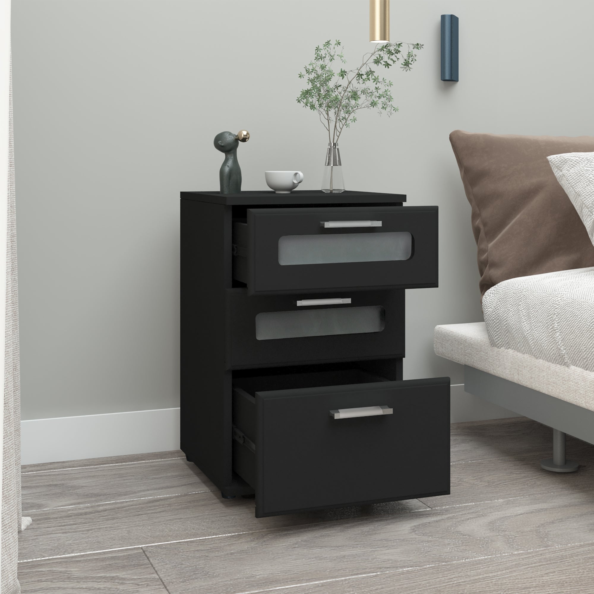 ECD Germany Möbel table de chevet noire 40x60x38 cm 3 tiroirs