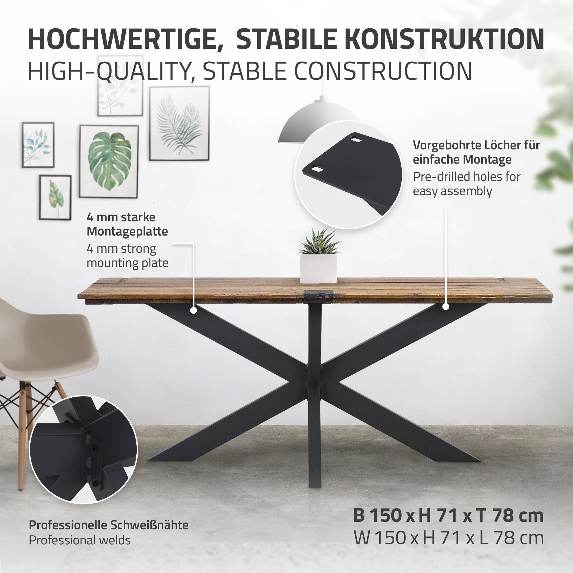 ECD Germany Möbel pieds de table X noir métal 150x78x71 cm 150kg