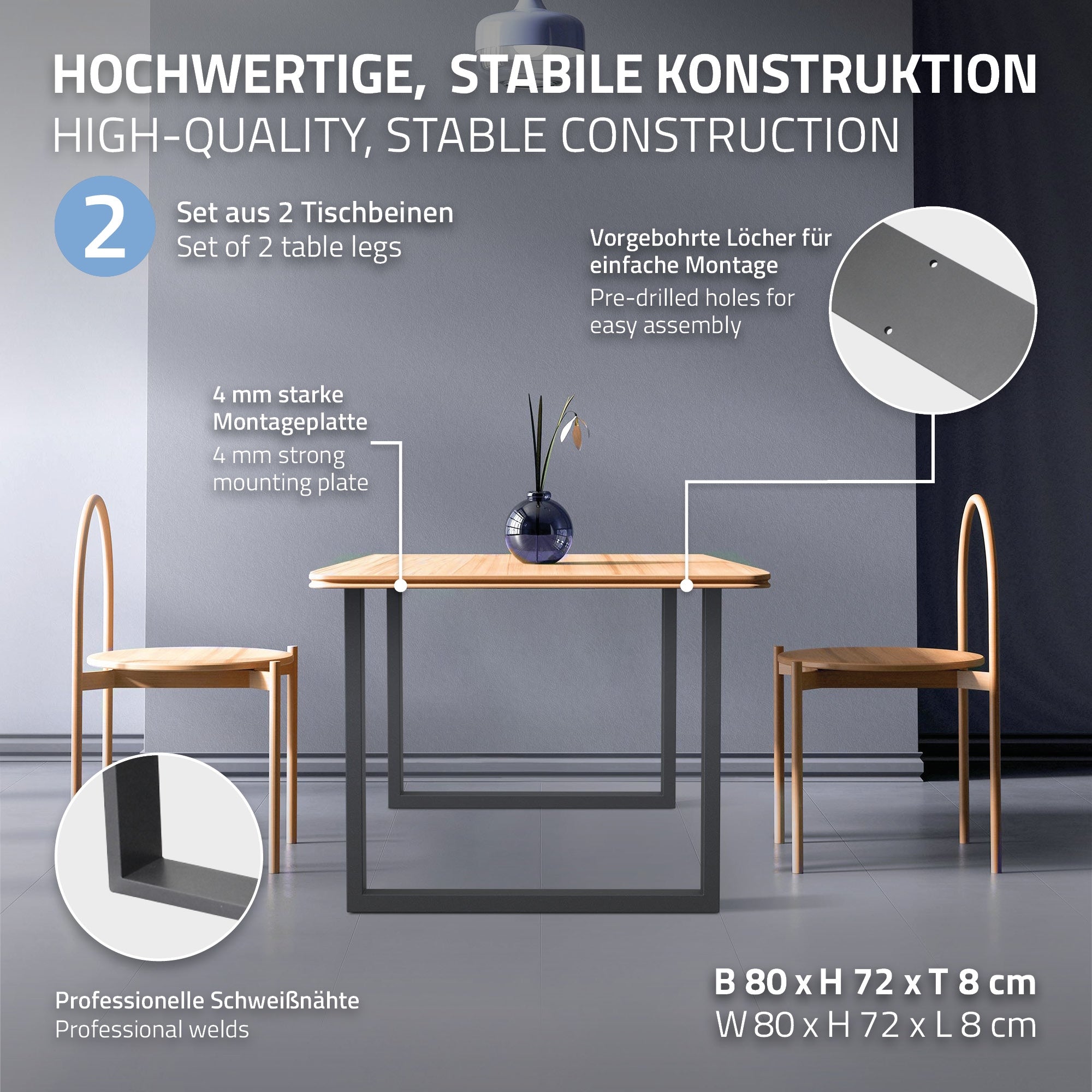 ECD Germany pieds table acier anthracite 80x72 cm lot de 2 B-ware