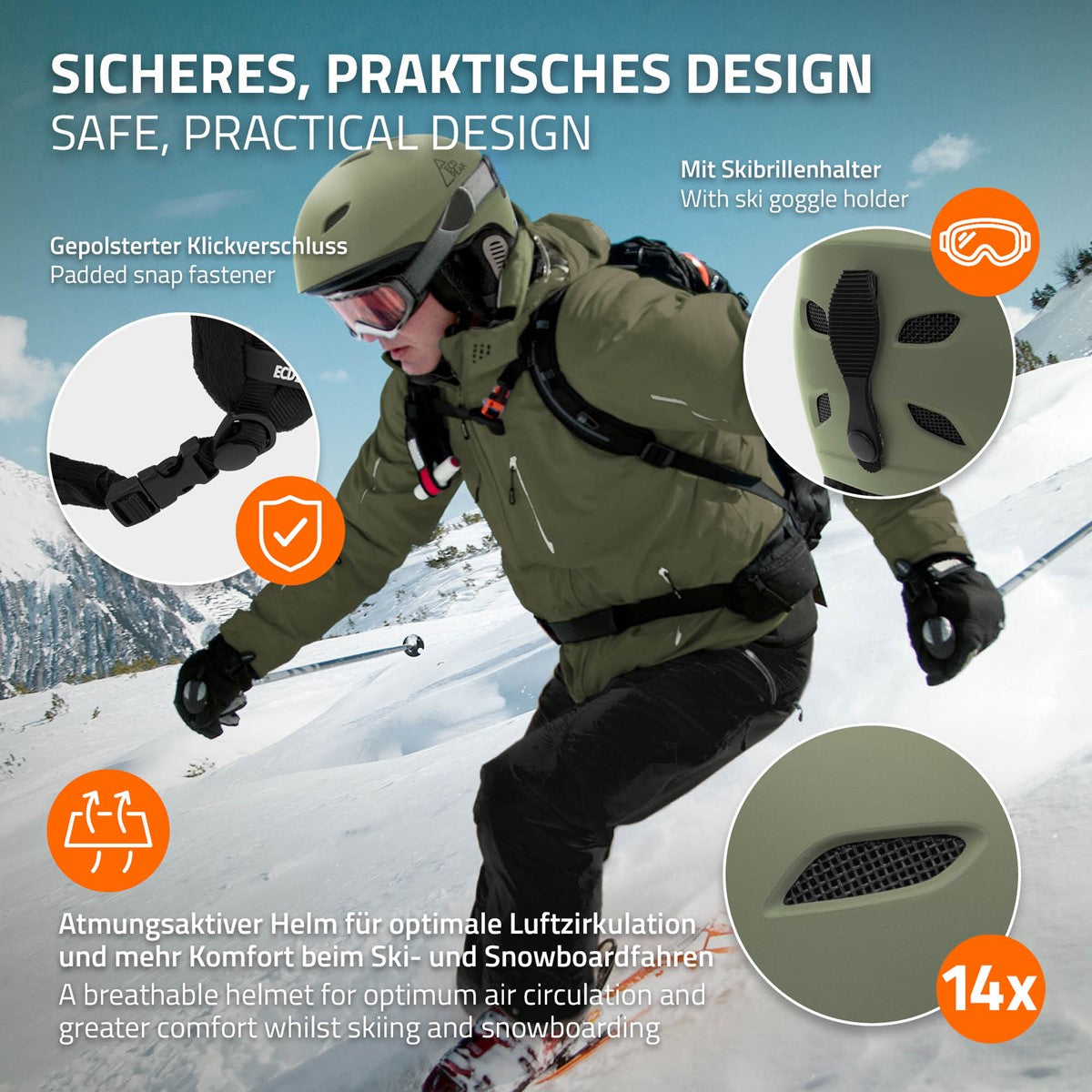 ECD Germany Sport casque ski S 51-54 cm vert ventilation