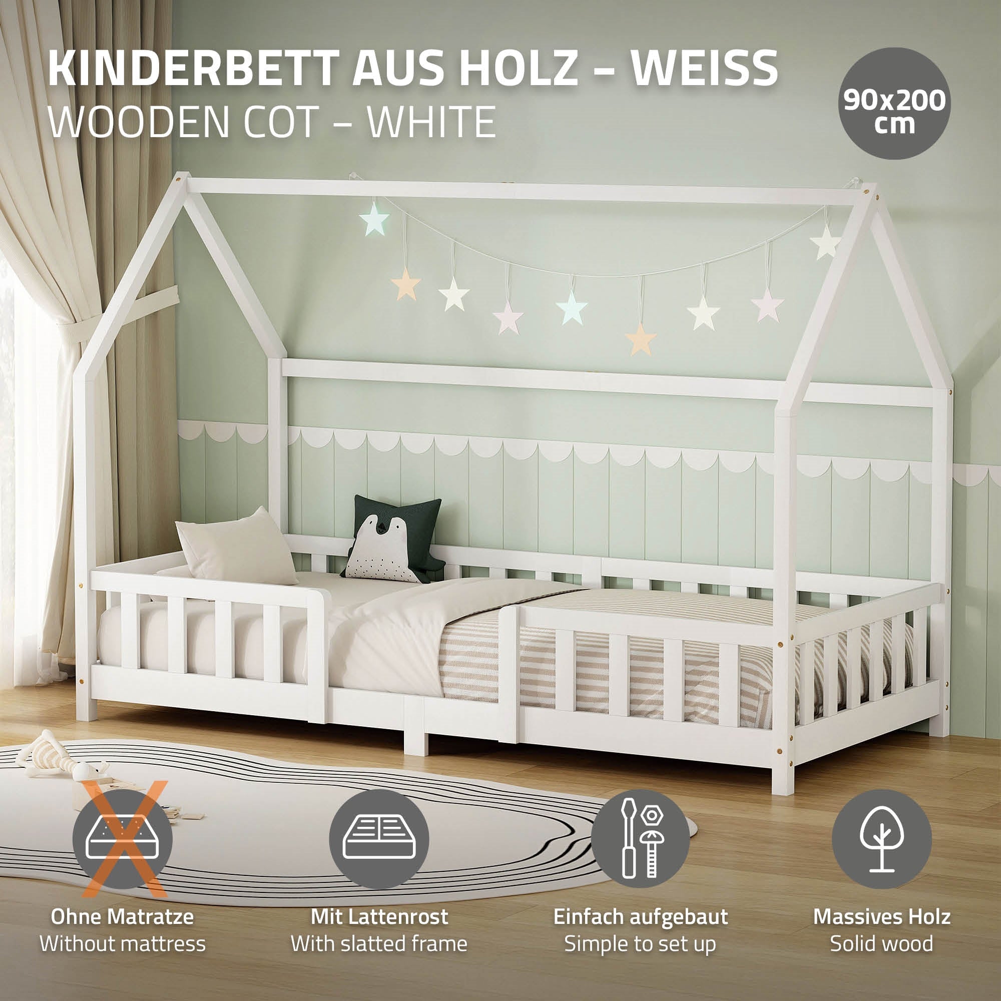 ECD Germany Kinder lit cabane 90x200 cm blanc pin avec barrière