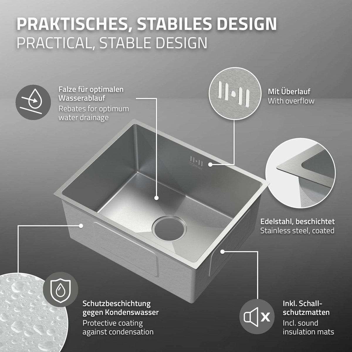 ECD Germany Sanitär Évier encastrable 50x40 cm inox + bonde