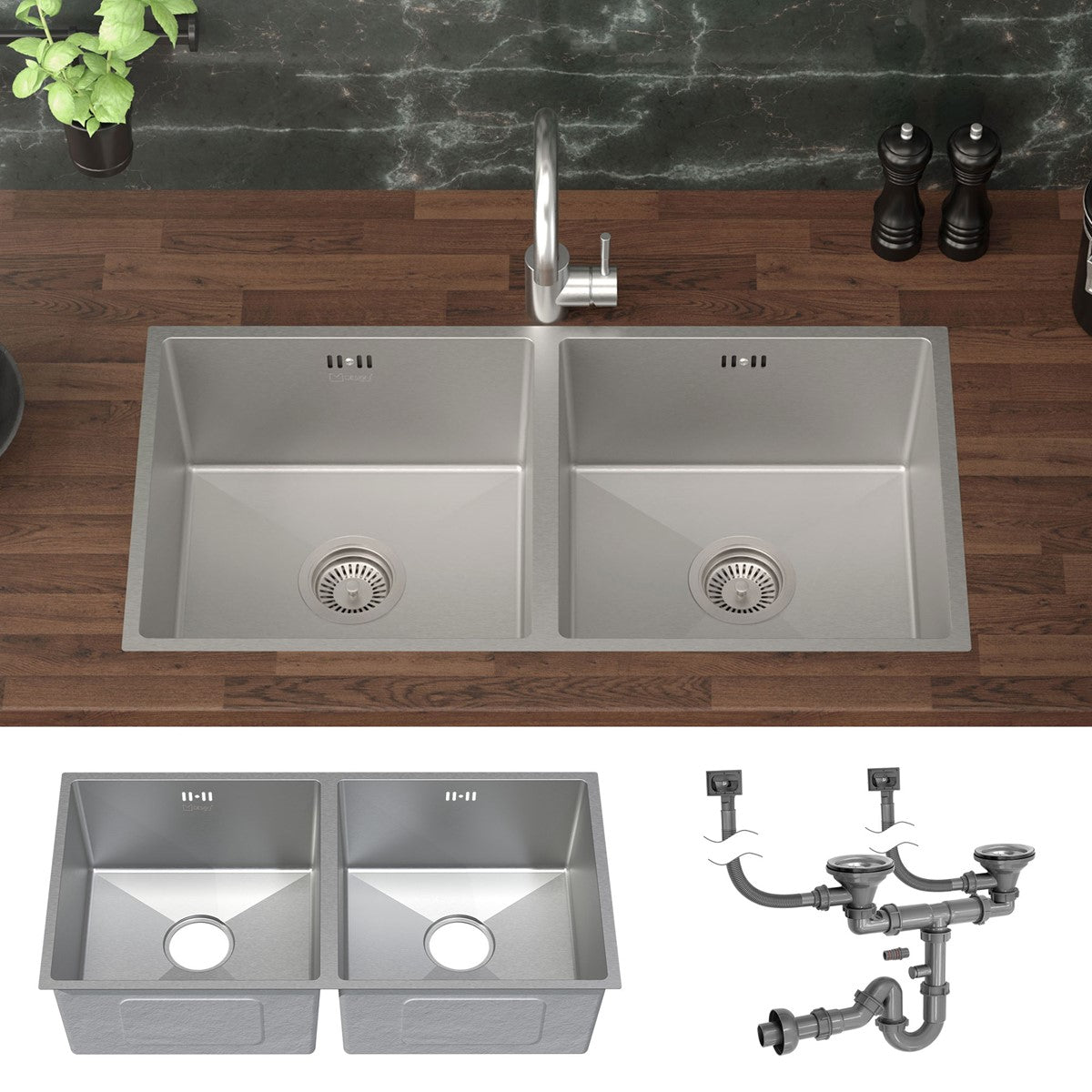 ECD Germany évier cuisine inox 81,5x40 double bac argent