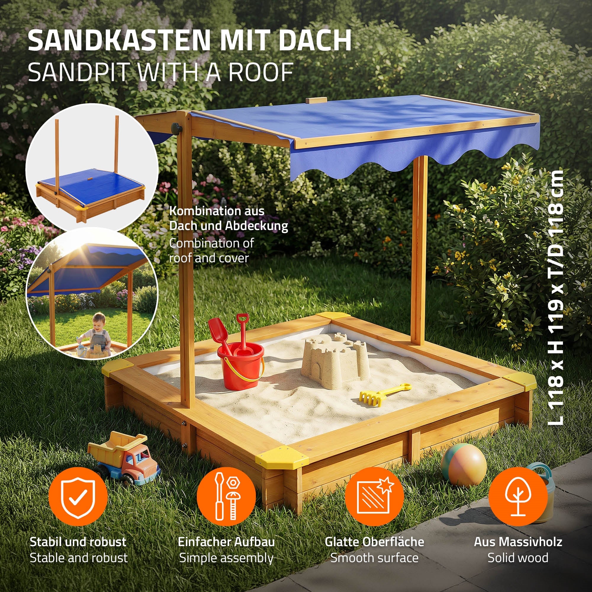 ECD Germany Kinder bac à sable bois avec toit 118x118 cm UV50