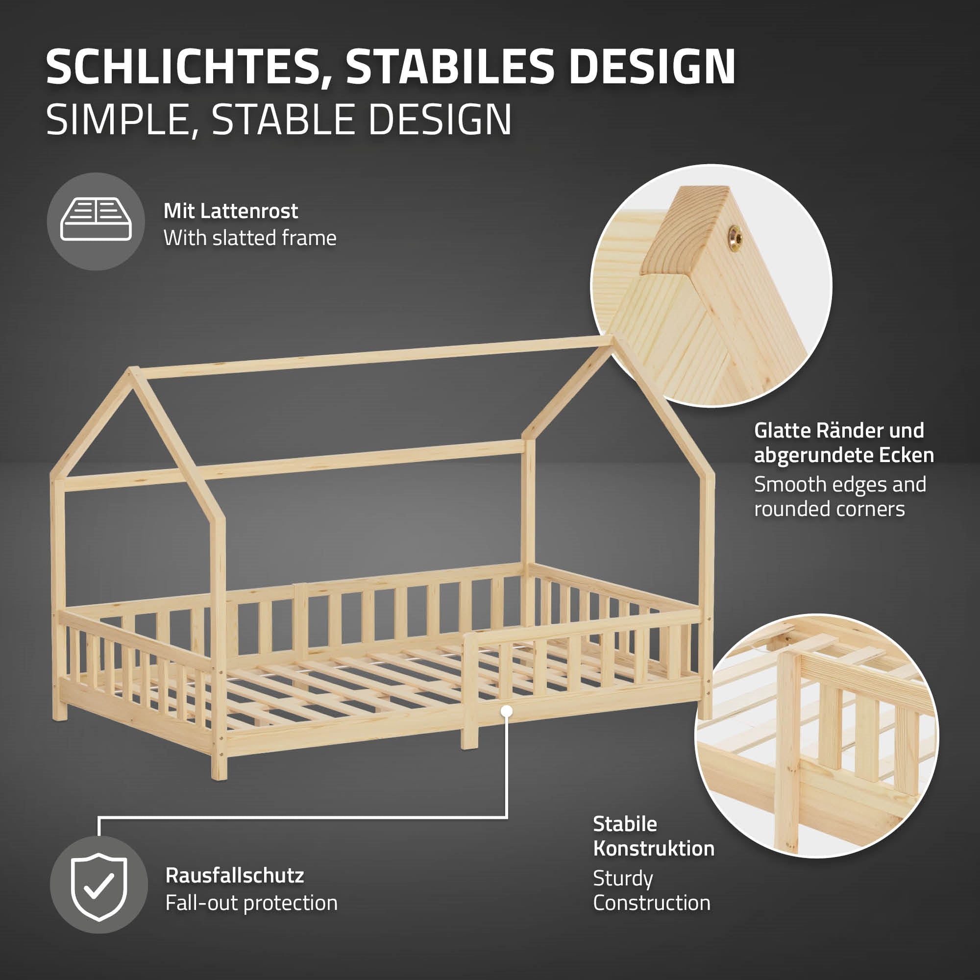 ECD Kinder lit cabane enfant 120x200 pin nature barrière toit