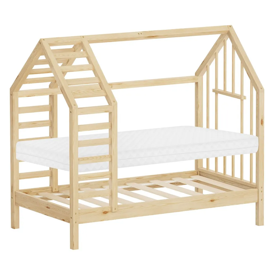 ECD Kinder lit cabane 70x140 naturel avec matelas 10 cm pin