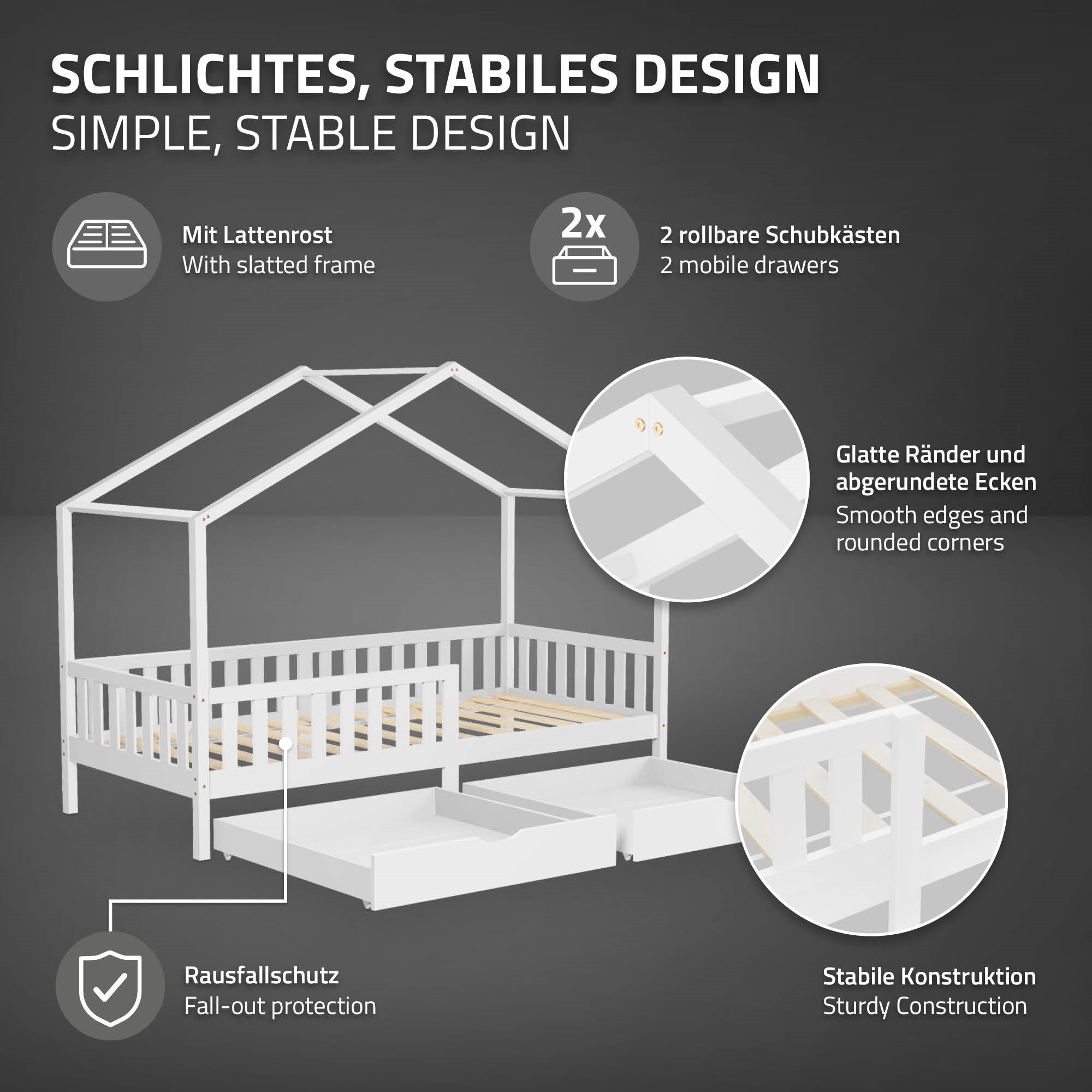 ECD Germany lit cabane enfant 90x200 blanc matelas tiroirs