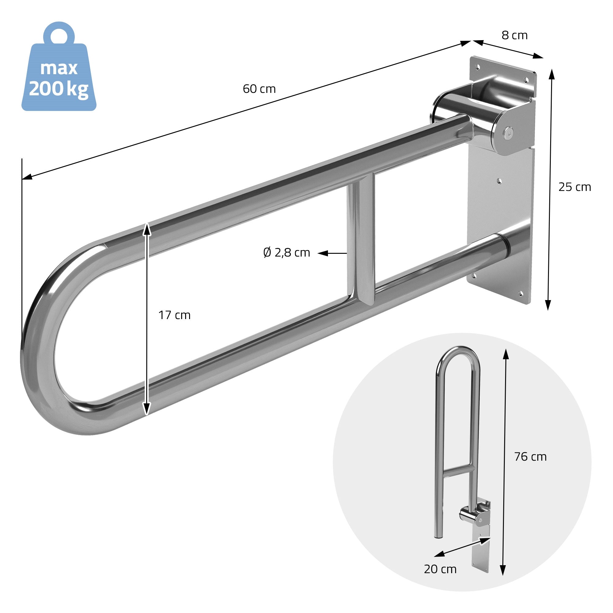 ML-Design Barre appui WC rabattable inox 60 cm 200 kg