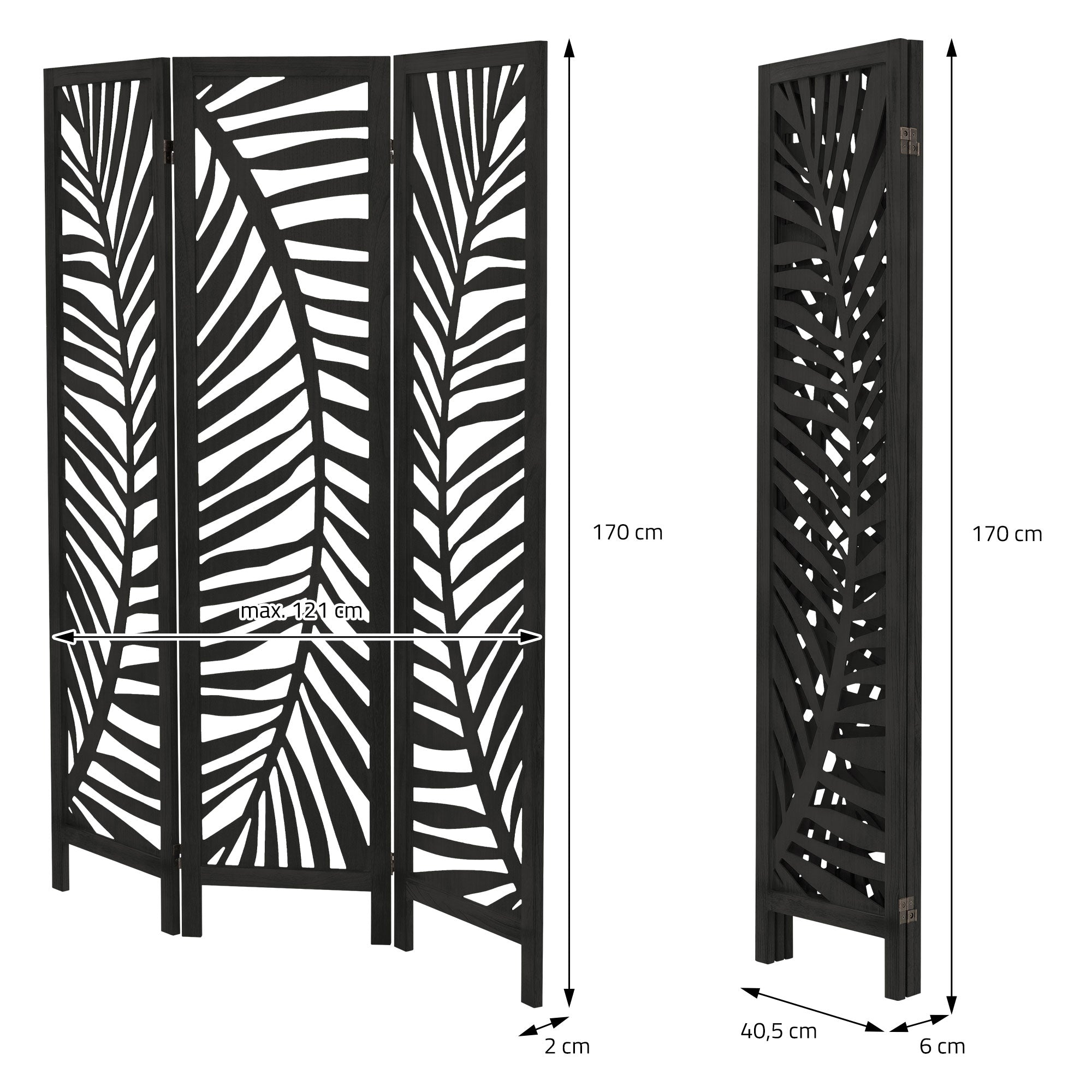 ECD Germany Fukuoka paravent 3 panneaux noir 170x121 cm bois