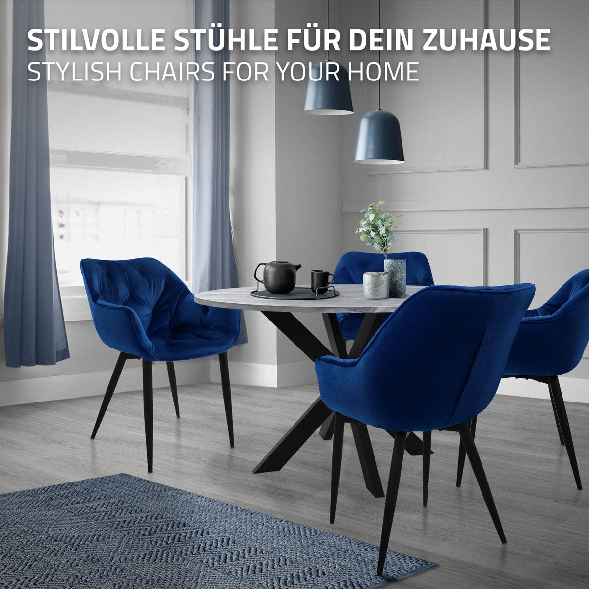 ECD Germany ML-Design lot 6 chaises velours bleu nuit