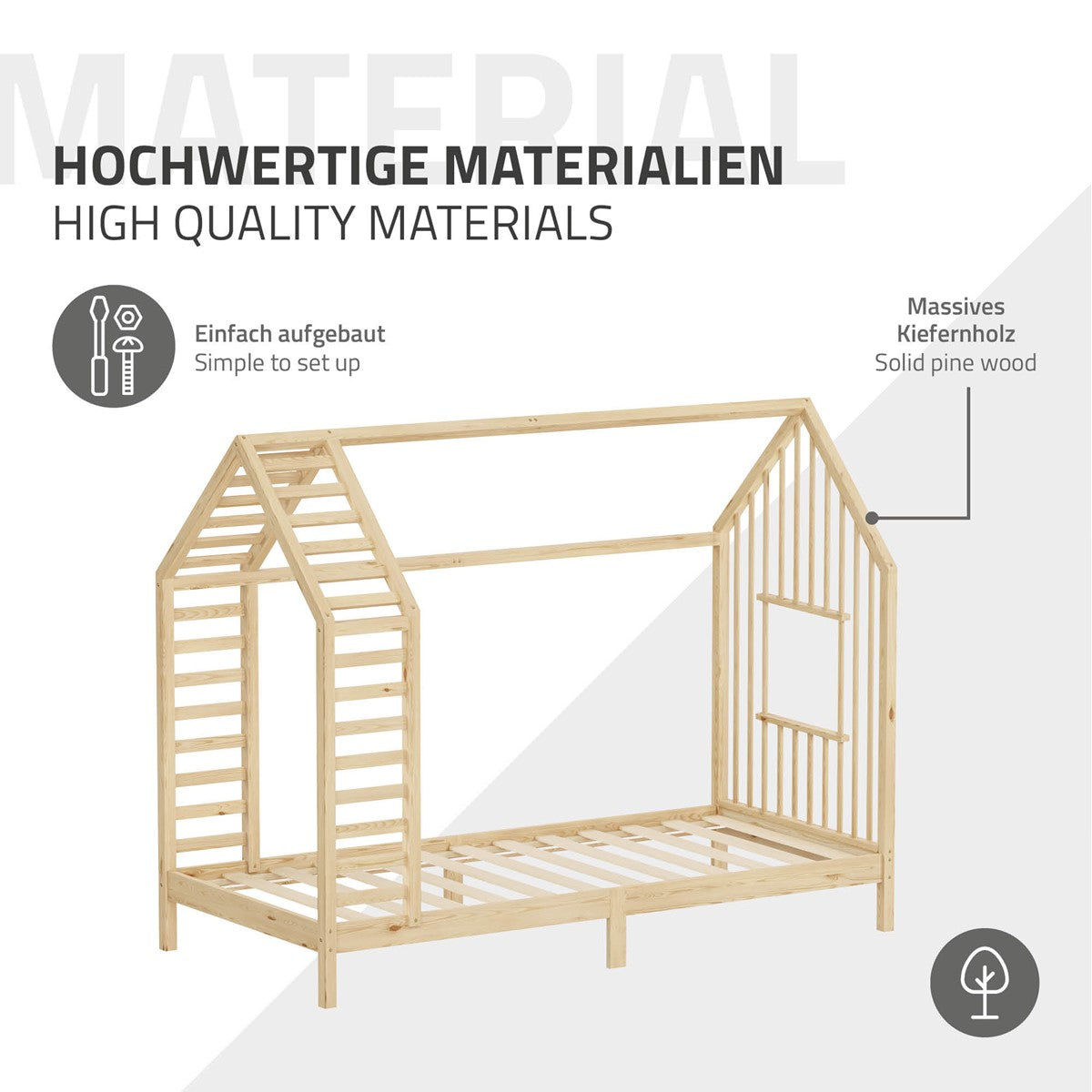 ECD Germany Kinder lit cabane 90x200 naturel pin massif