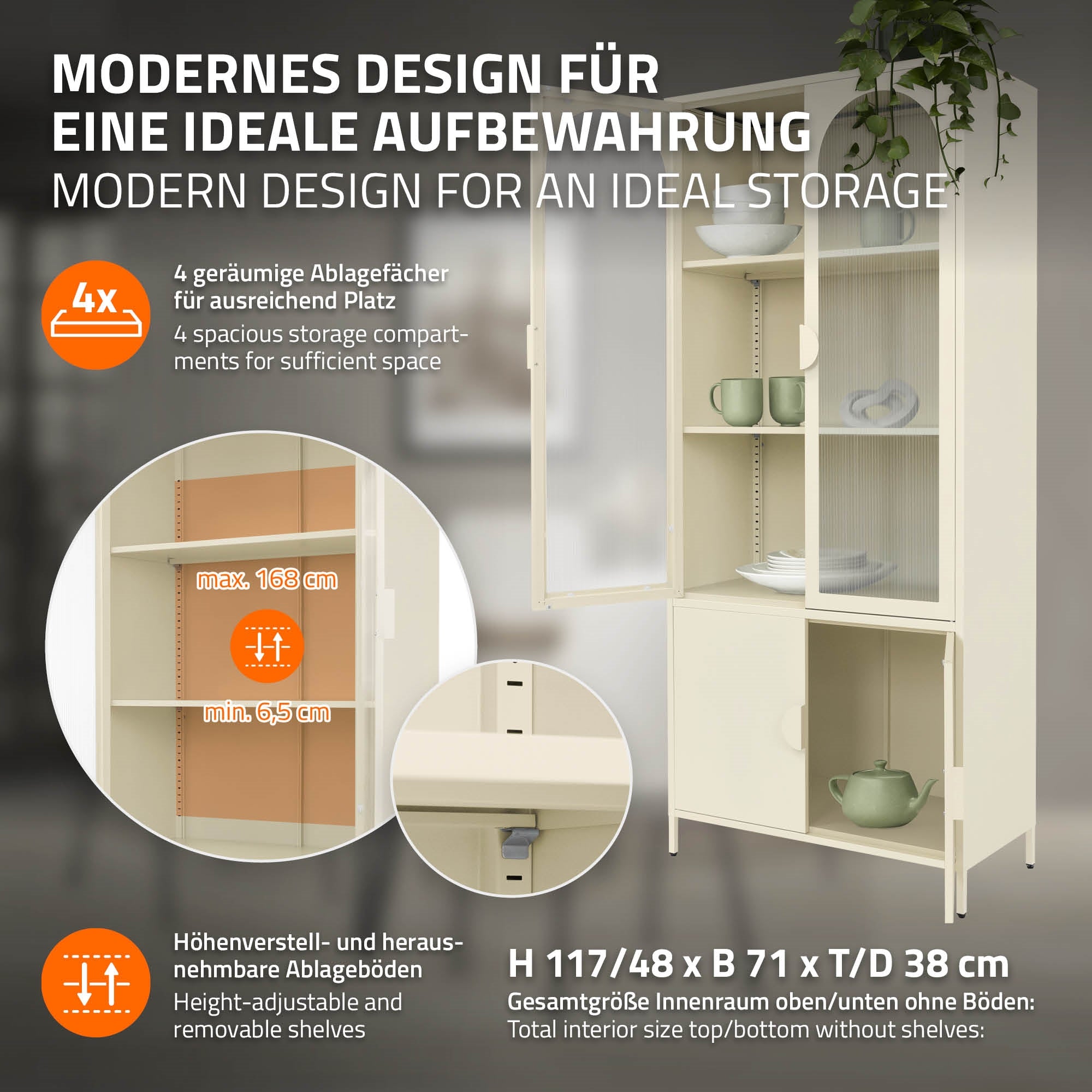 ECD Germany Möbel Vitrine 80x185x40 cm Crème 4 Portes