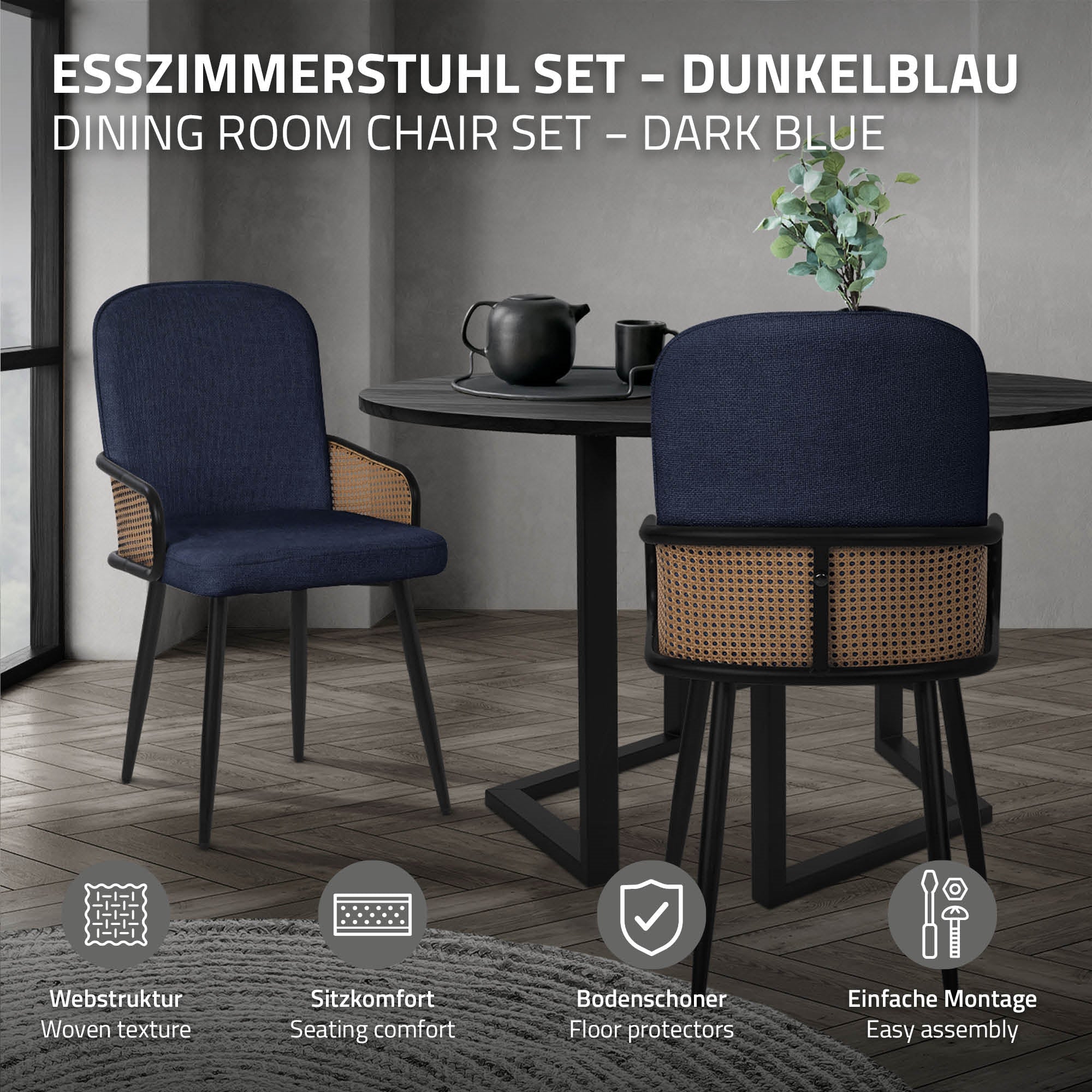 ECD Germany Möbel Lot 6 chaises bleu foncé tissu rotin accoudoirs