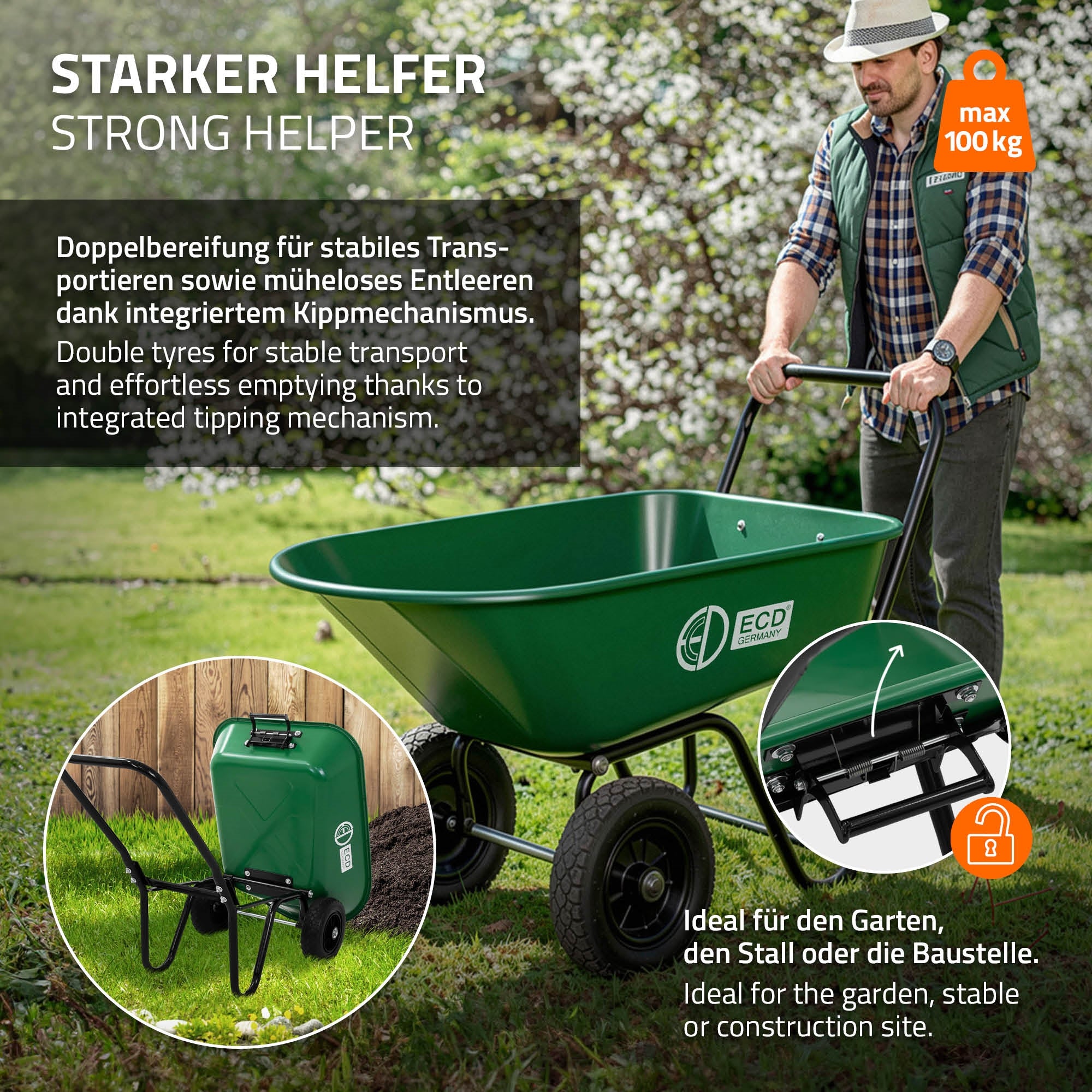ECD Germany Garten chariot jardin 78L basculant 100 kg