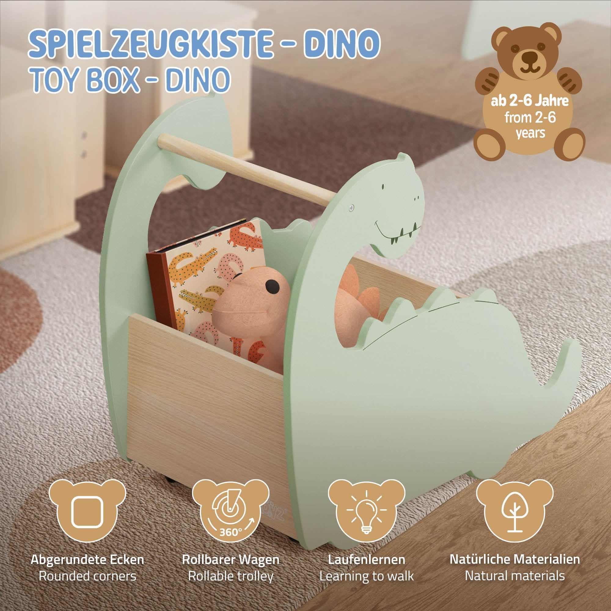ECD Germany Kinder Coffre à jouets dino beige vert roulettes