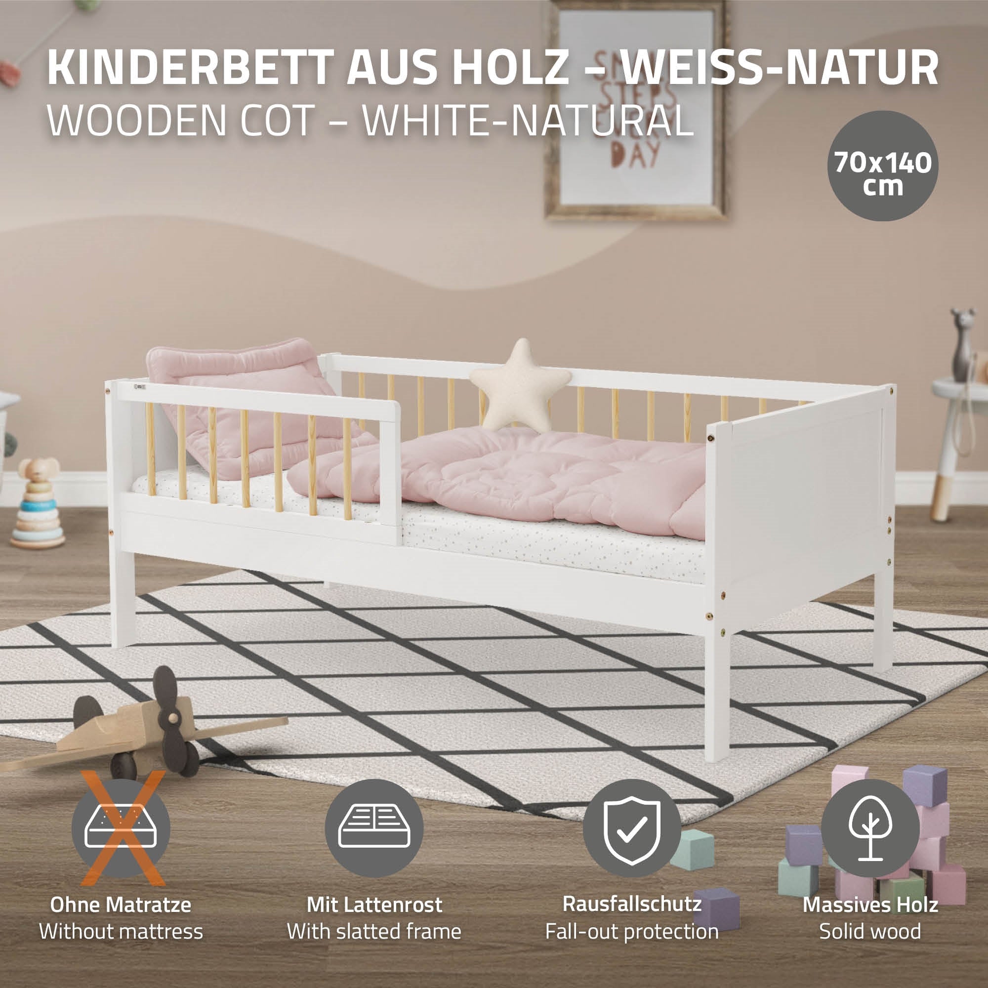 ECD Germany Kinder lit enfant pin 70x140 blanc naturel sommier
