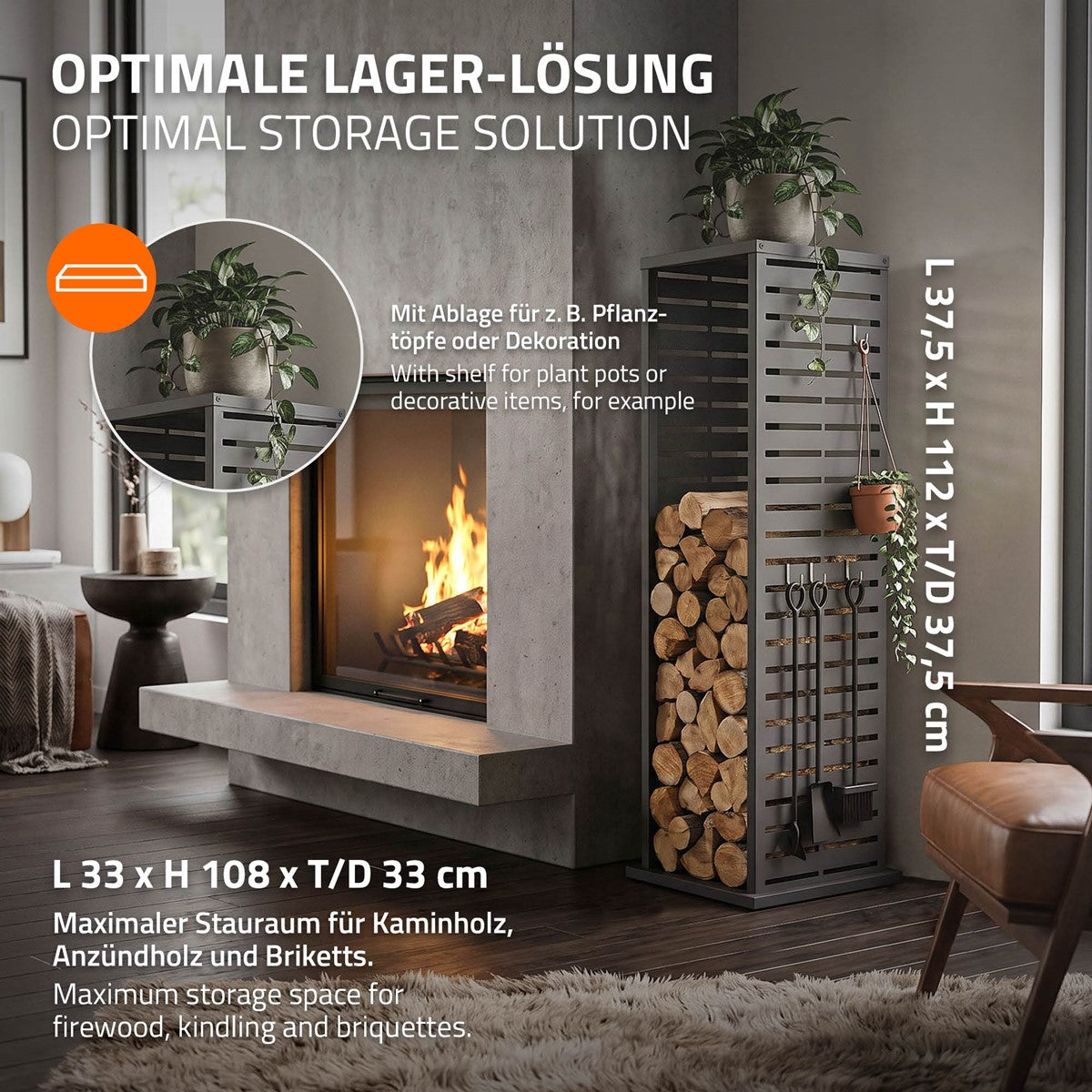 ECD Germany Garten range-bûches Schlitz 37,5x37,5x112 cm anthracite