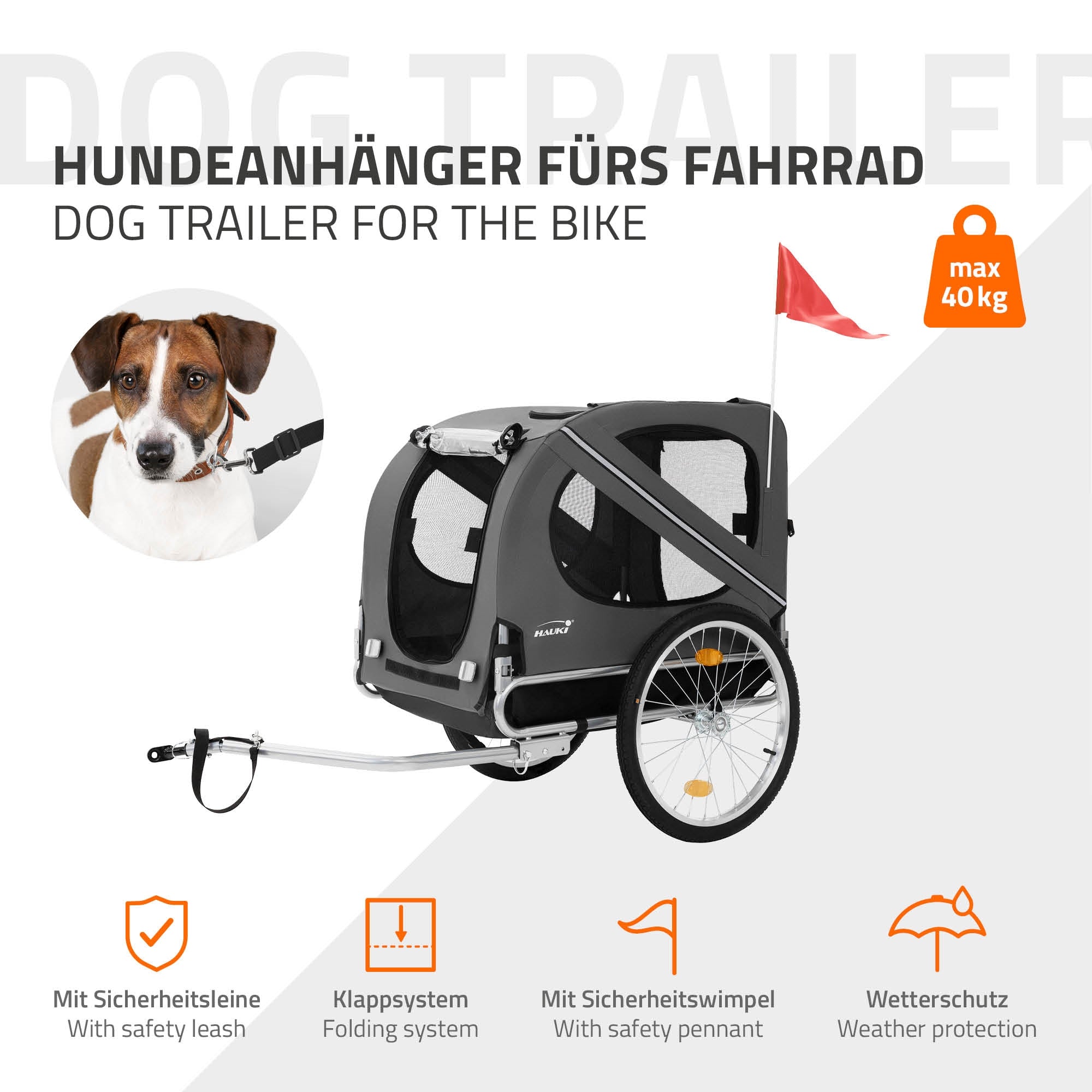 ECD Germany Hauki remorque vélo chien gris 40 kg pliable