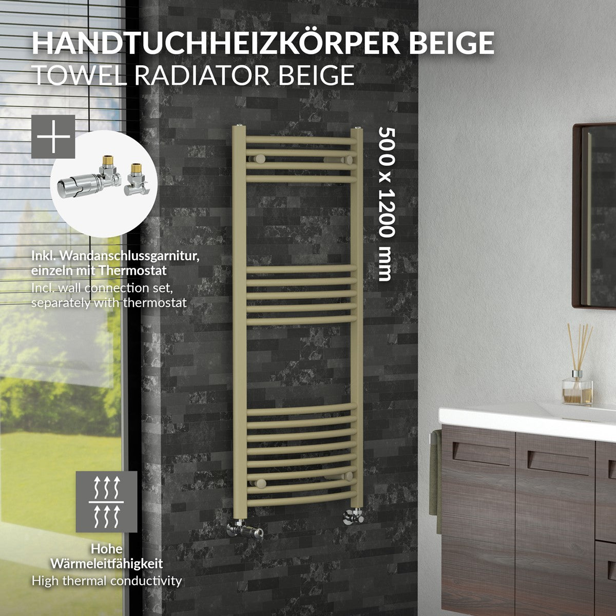 LuxeBath Sahara sèche-serviettes beige 500x1200 mm cintré thermostat acier
