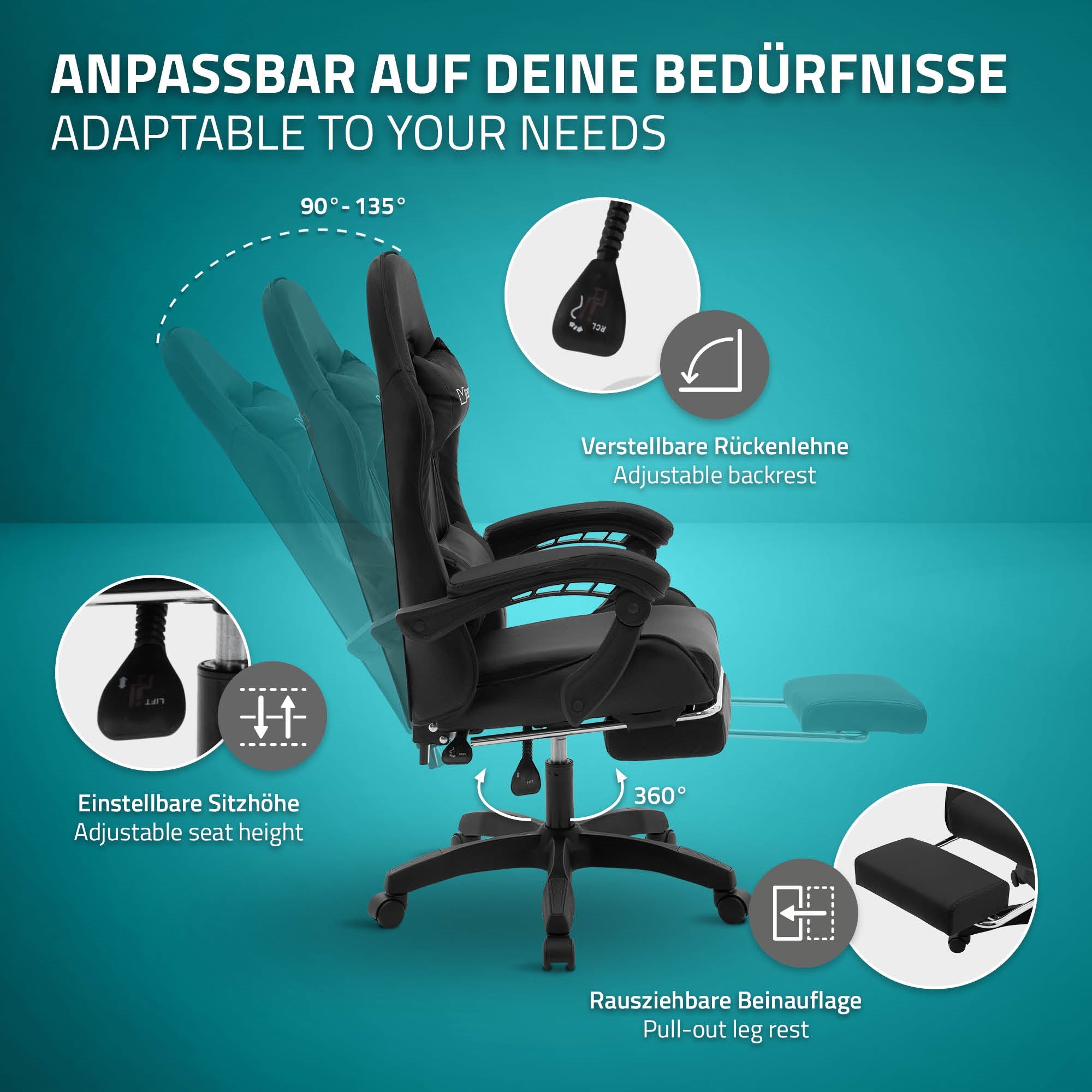 ECD Germany ML-Design chaise gaming noir similicuir repose-pieds