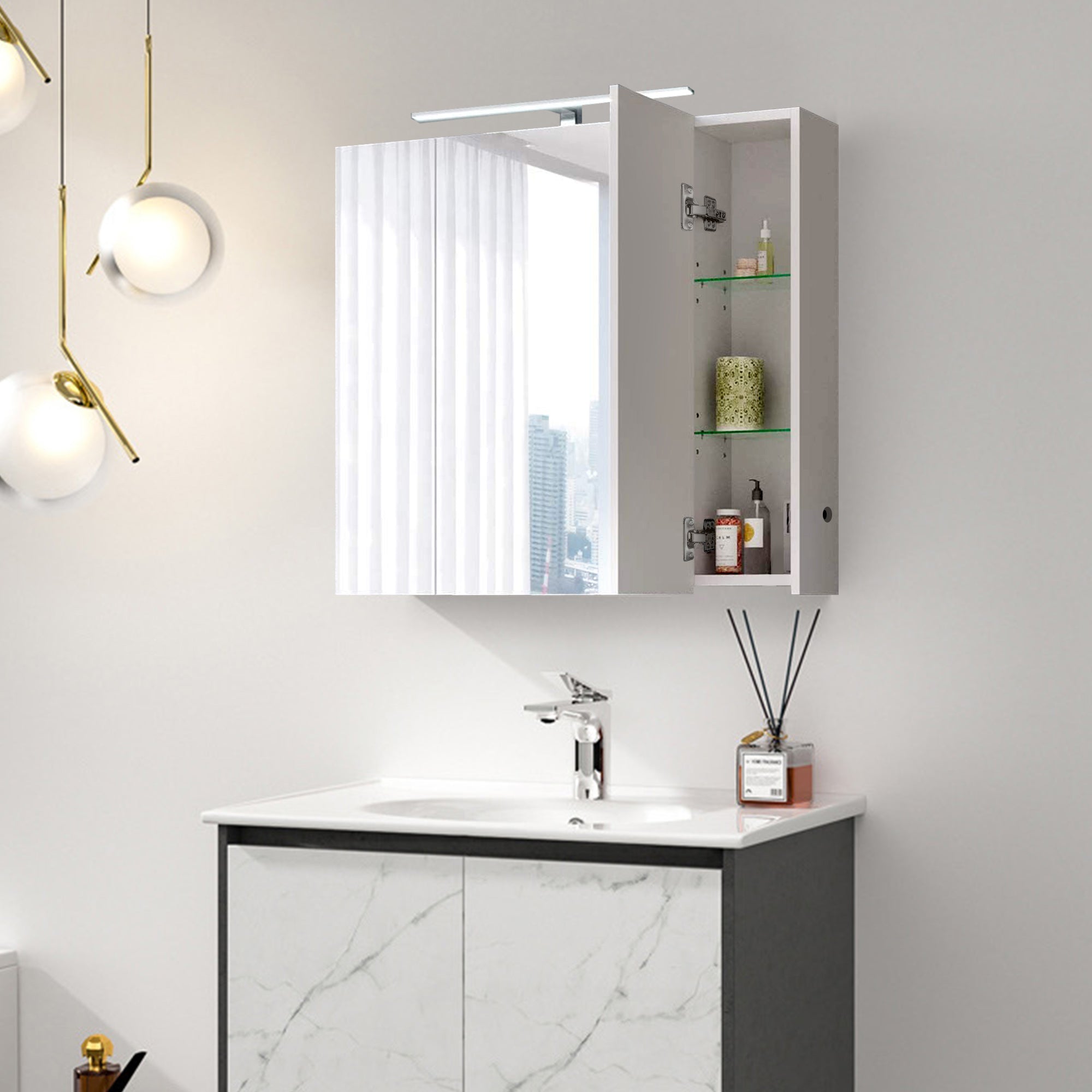 ML-Design armoire miroir LED 3 portes blanche 90,4x72x15