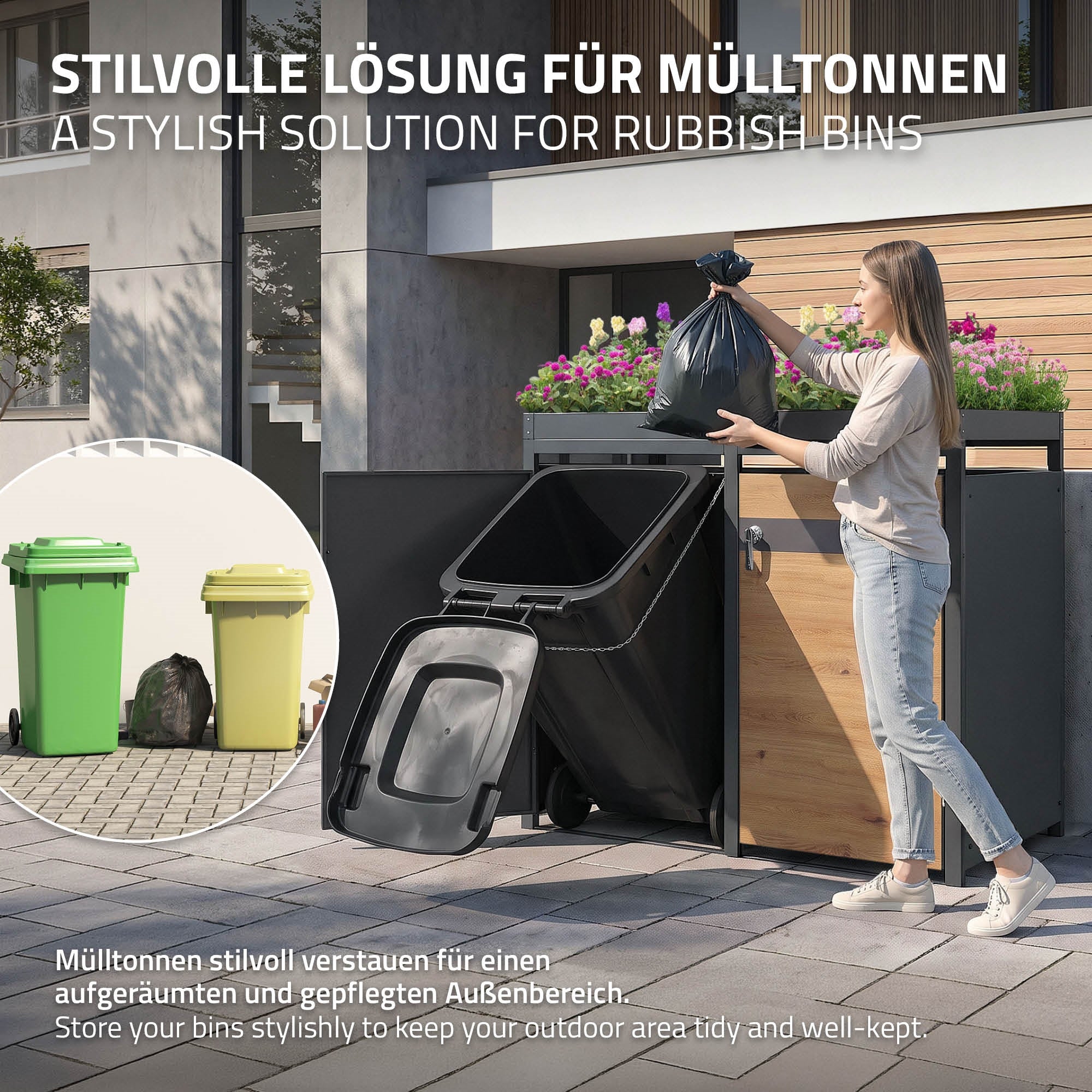 ECD Germany Cache-Poubelles Double Acier Chêne 240L Jardinière