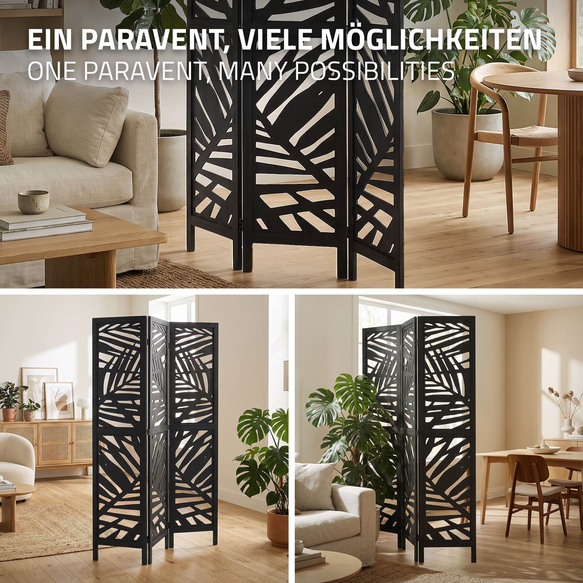 ECD Germany Kyoto paravent bois noir 3 volets 170x121 cm