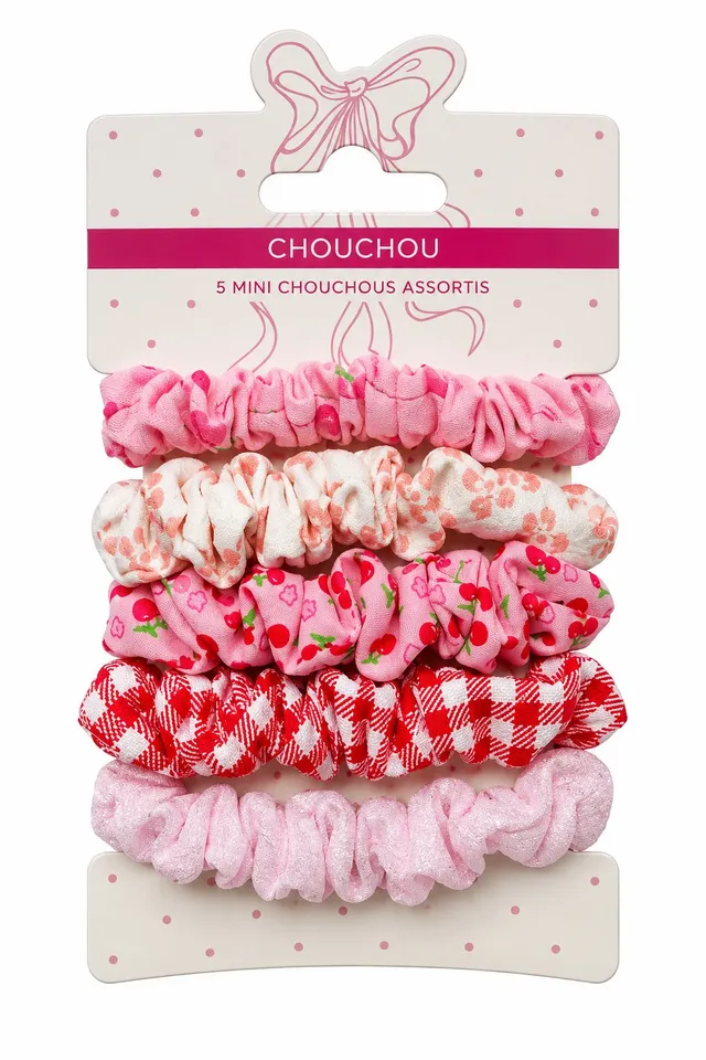 Stokomani Beauté Lot 5 Mini Chouchous Cheveux Roses Motifs