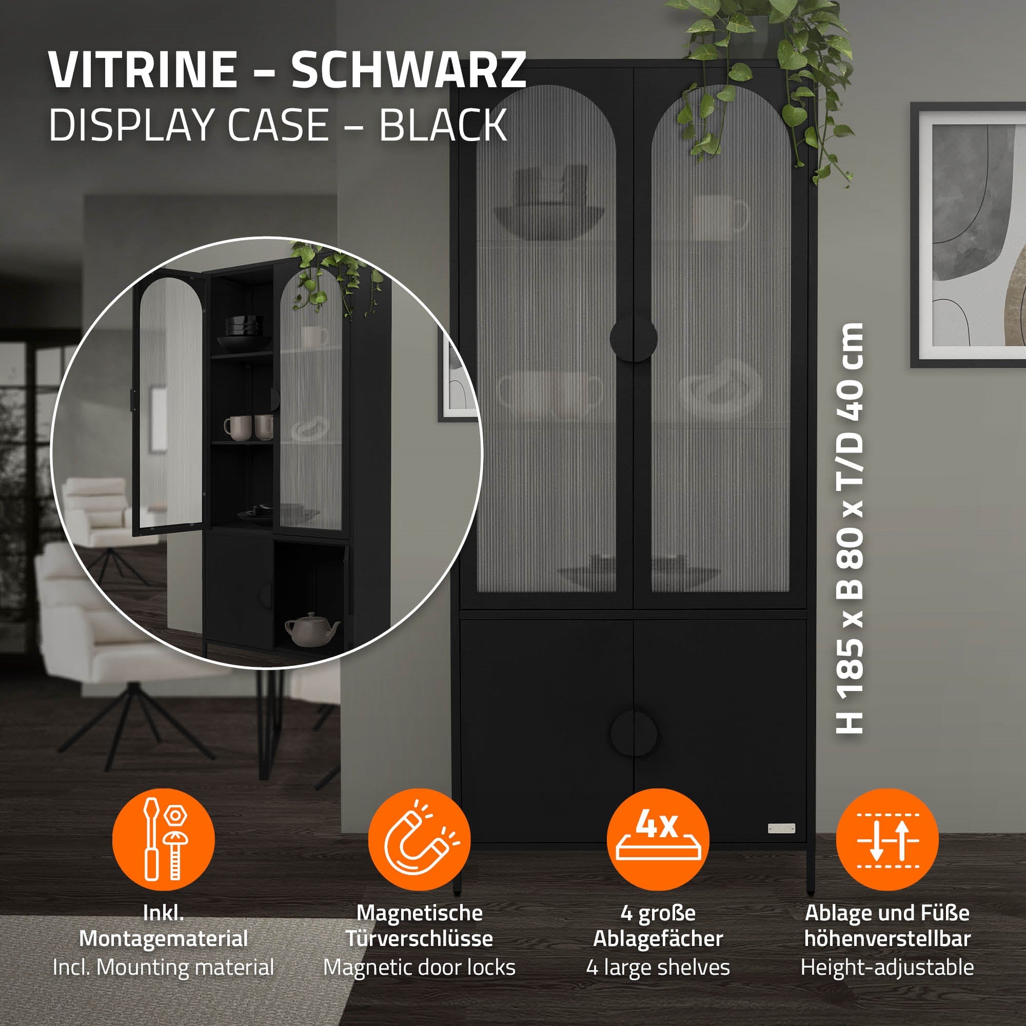 ECD Germany Meubles vitrine 80x185x40 cm noir acier 4 portes