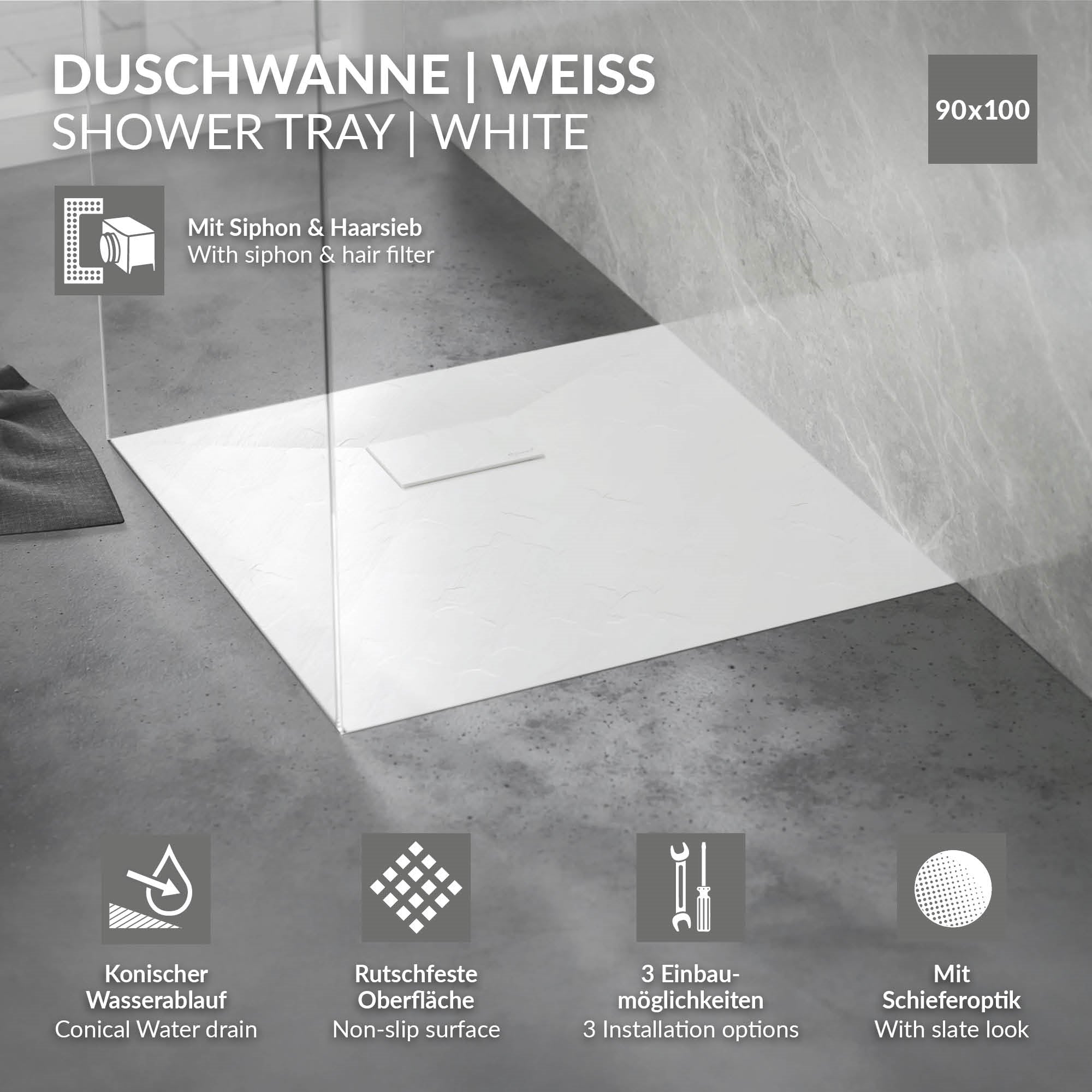 ECD Germany Sanitär receveur de douche blanc 100x90 cm antidérapant