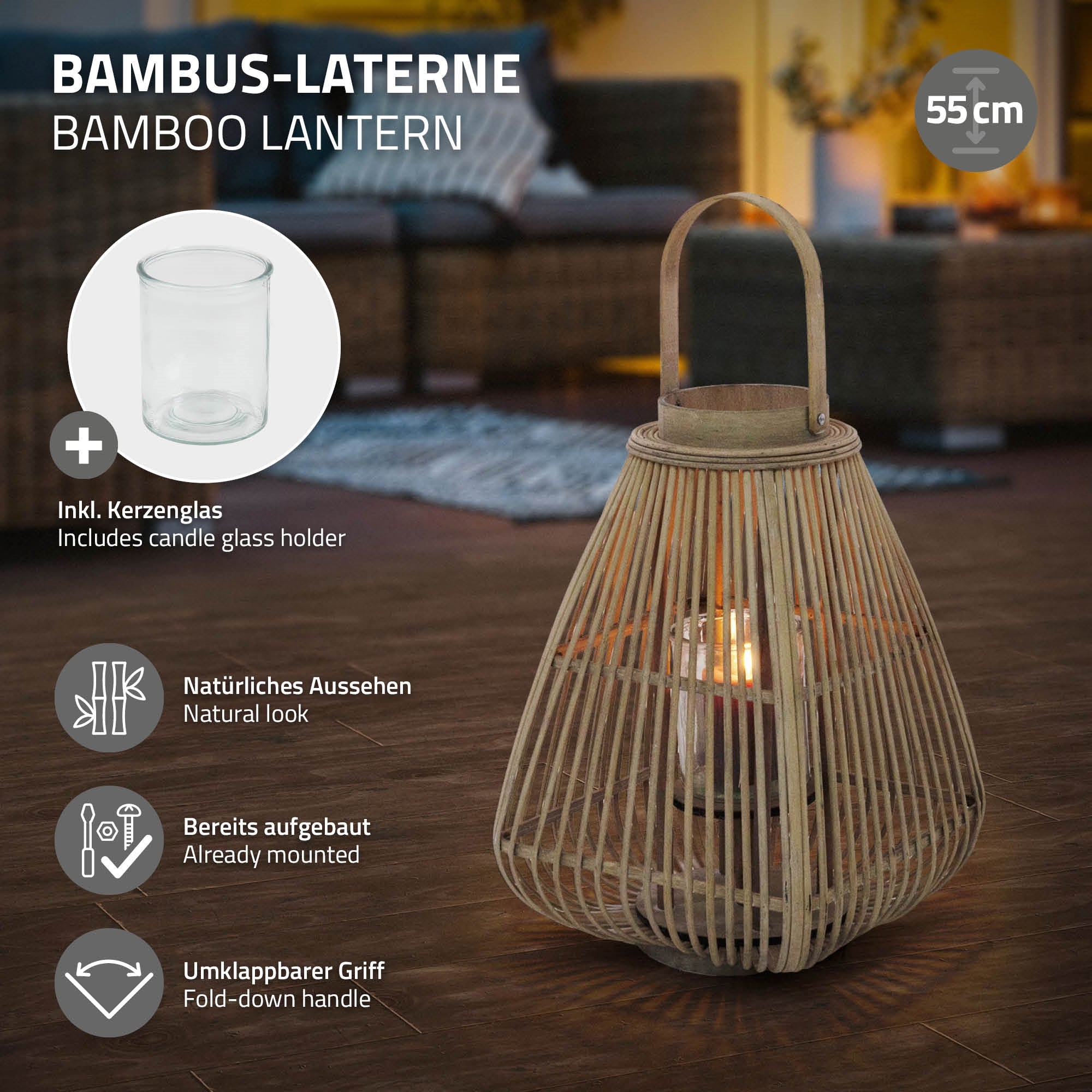 ECD Germany Garten lanterne bambou carrée 42,5 cm avec anse