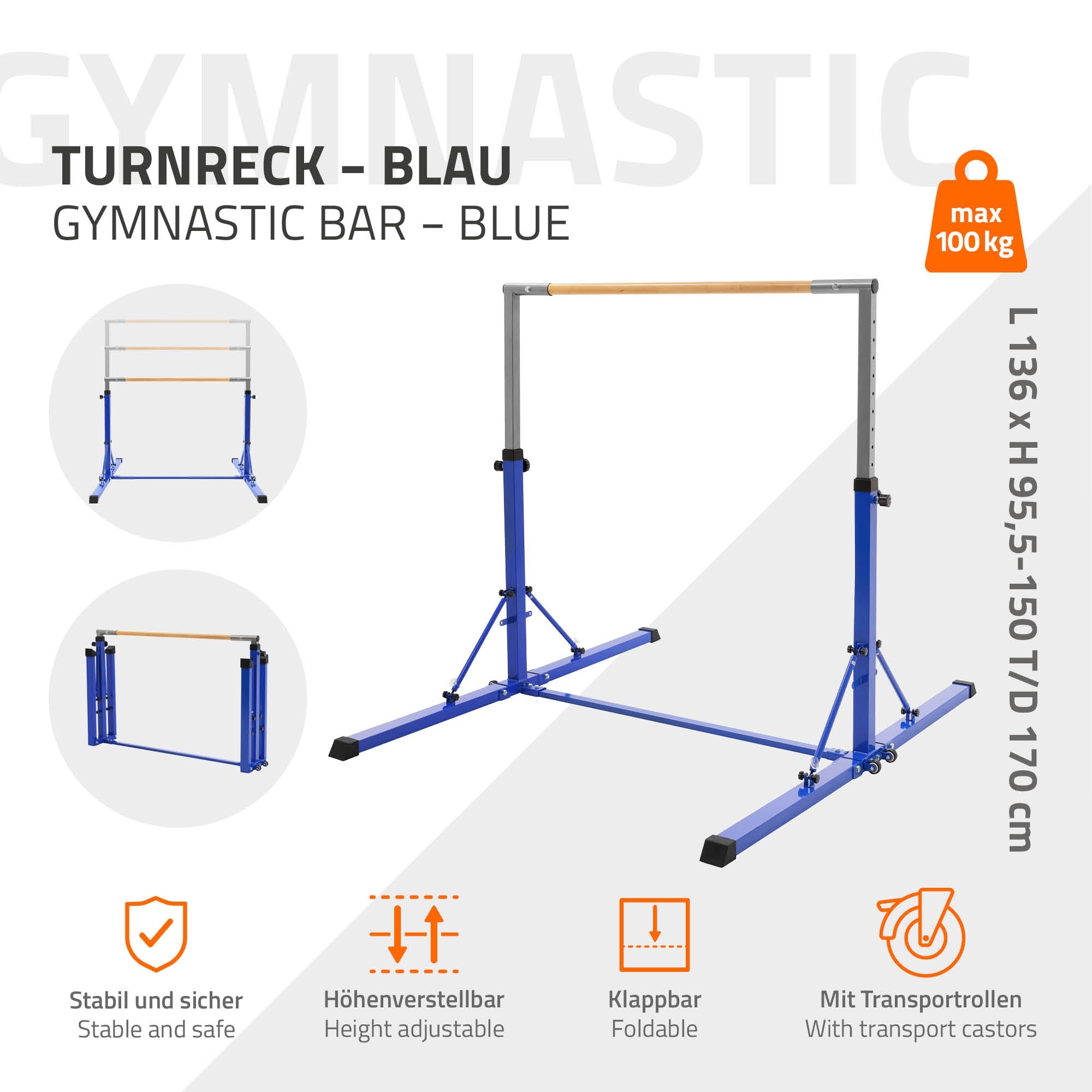 ECD Germany Kinder barre gymnastique bleue pliable 95-150 cm