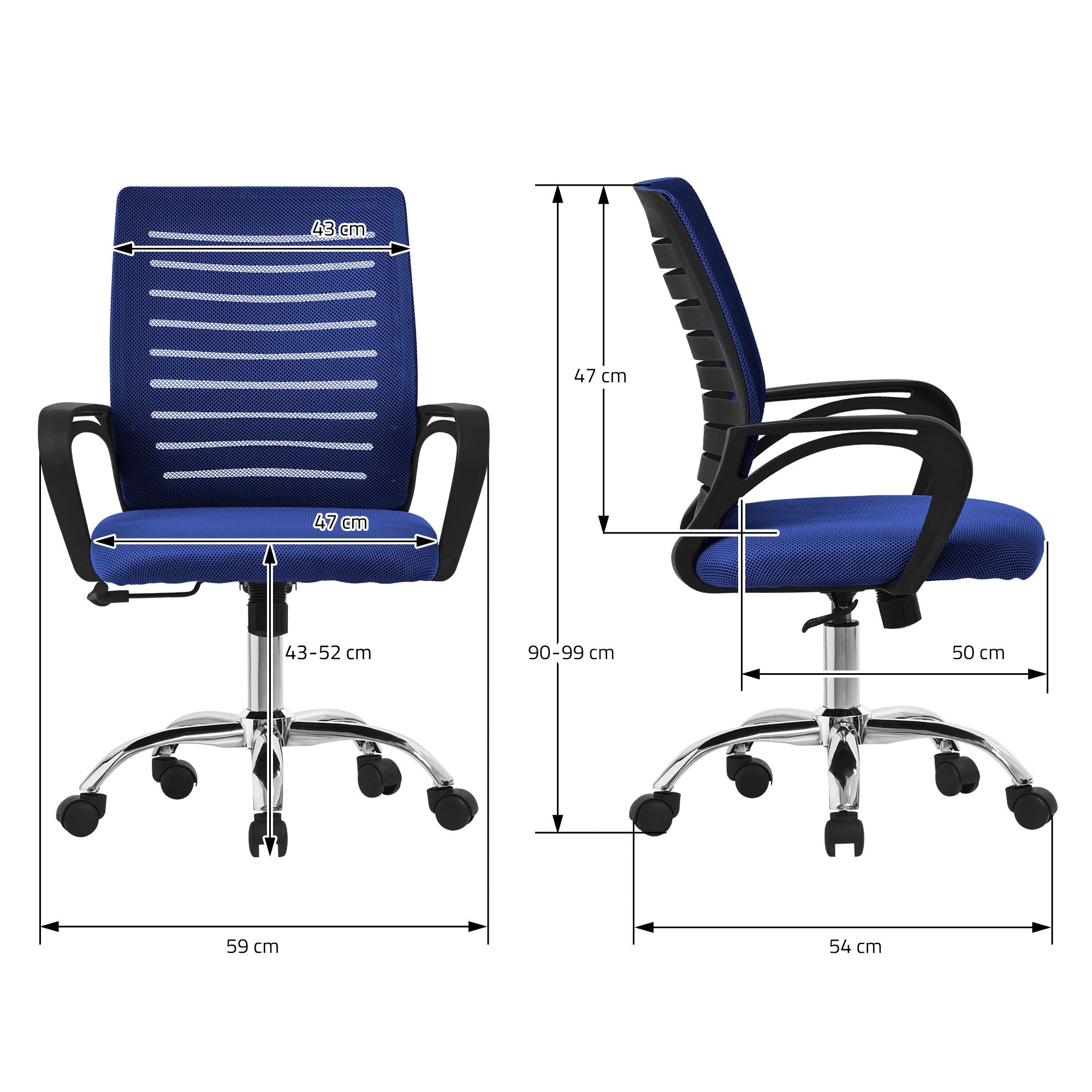 ECD Germany Möbel Chaise bureau bleu mesh à roulettes
