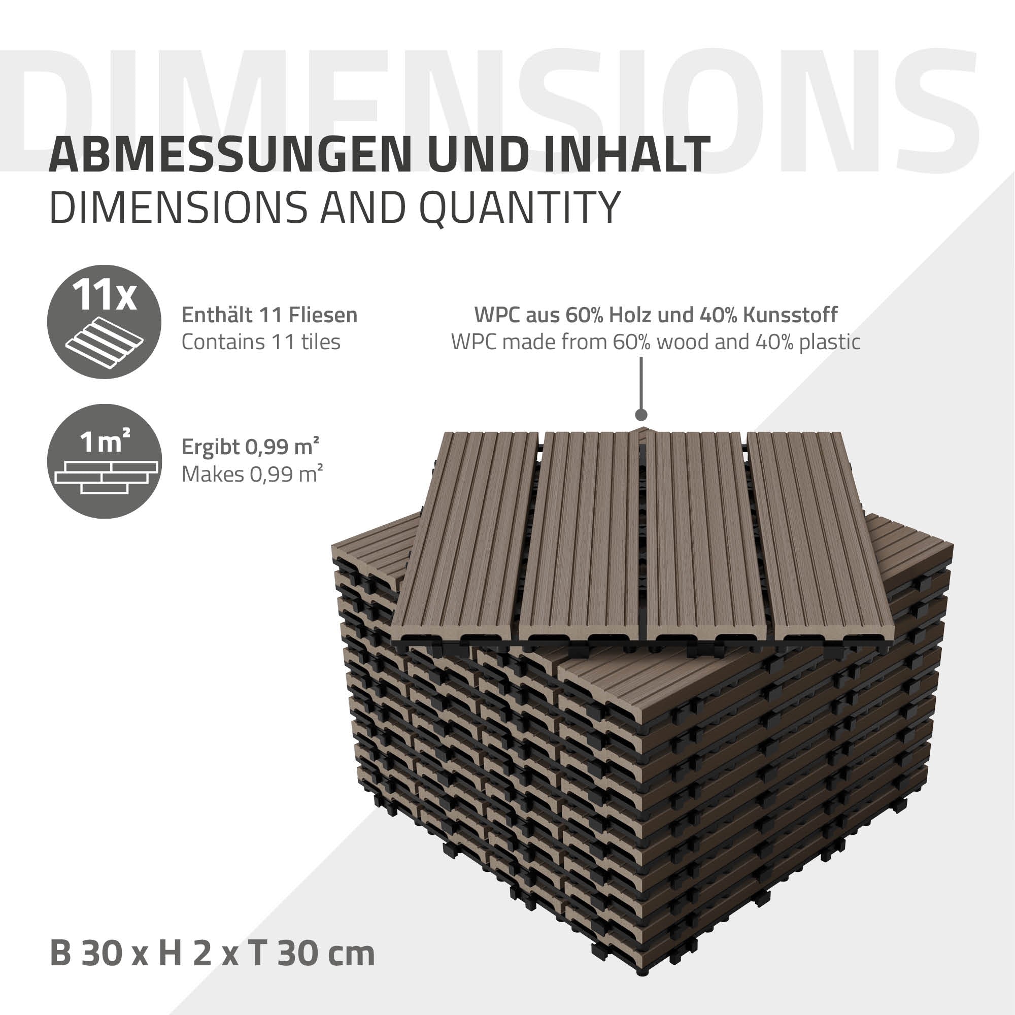 ECD Germany Garten dalles terrasse WPC 30x30 brun foncé 33 pièces 3m²