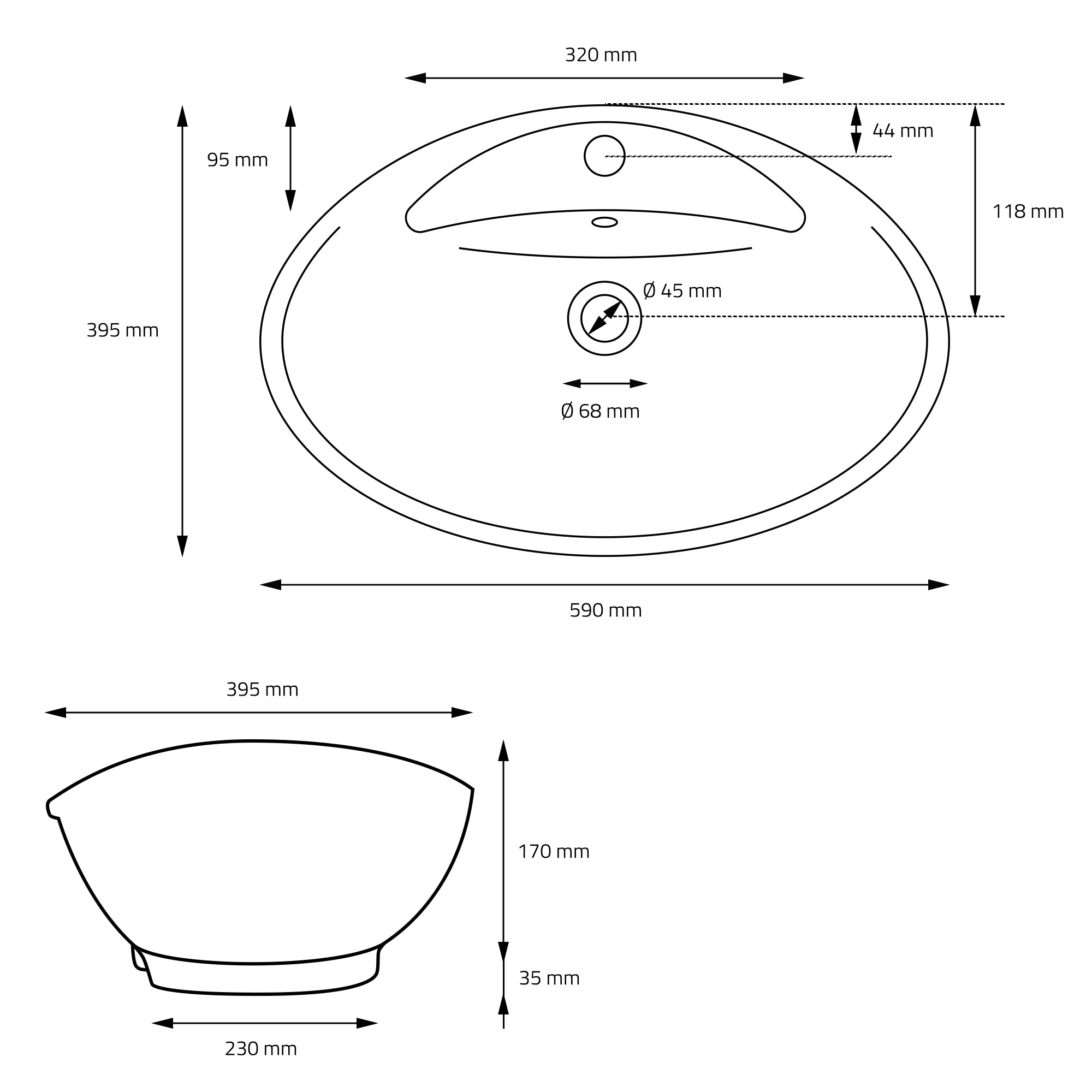 ECD Sanitär LuxeBath Vasque à Poser Noire 59 cm Céramique + Bonde