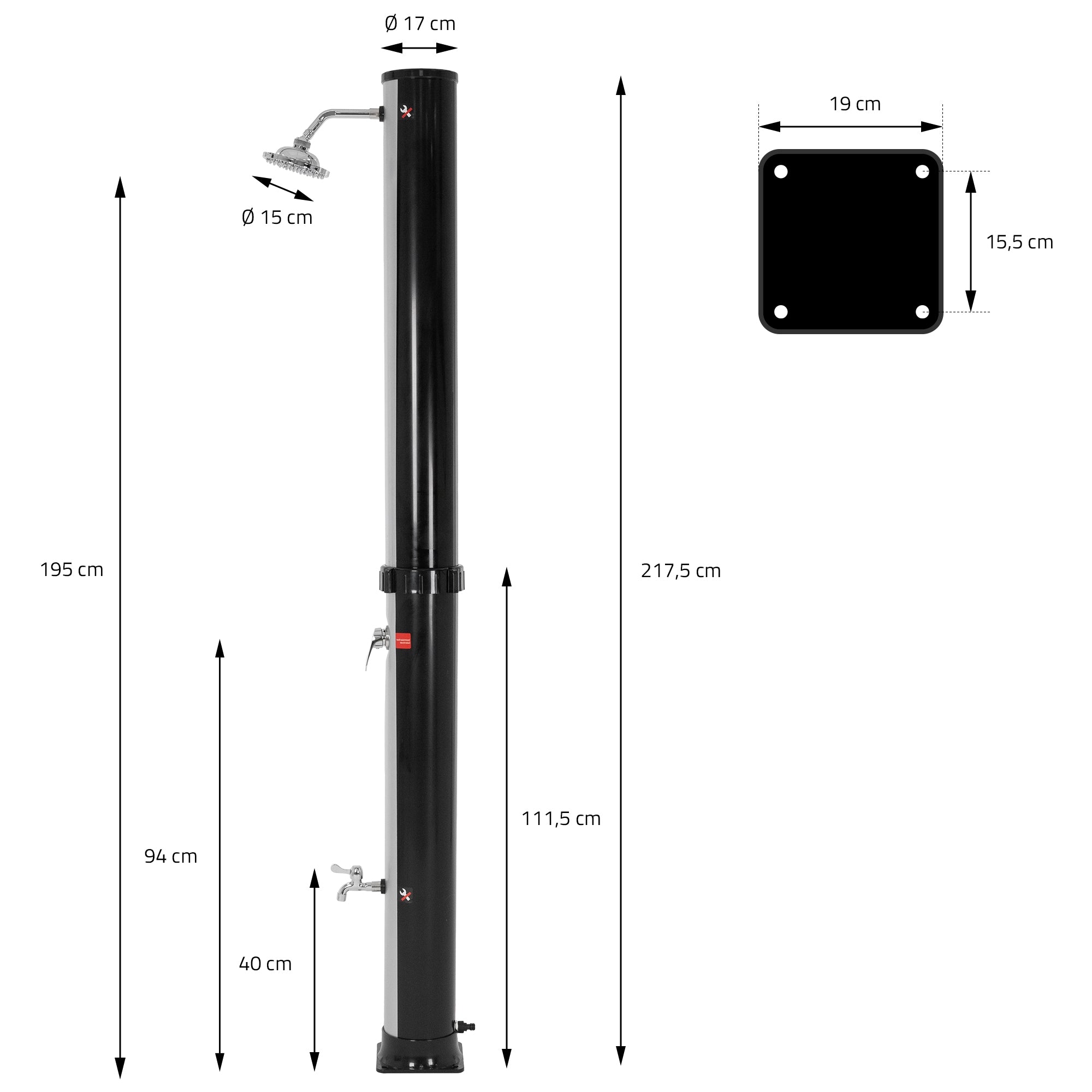 ECD Germany Garten 35L douche solaire jardin argent/noir 217,5 cm