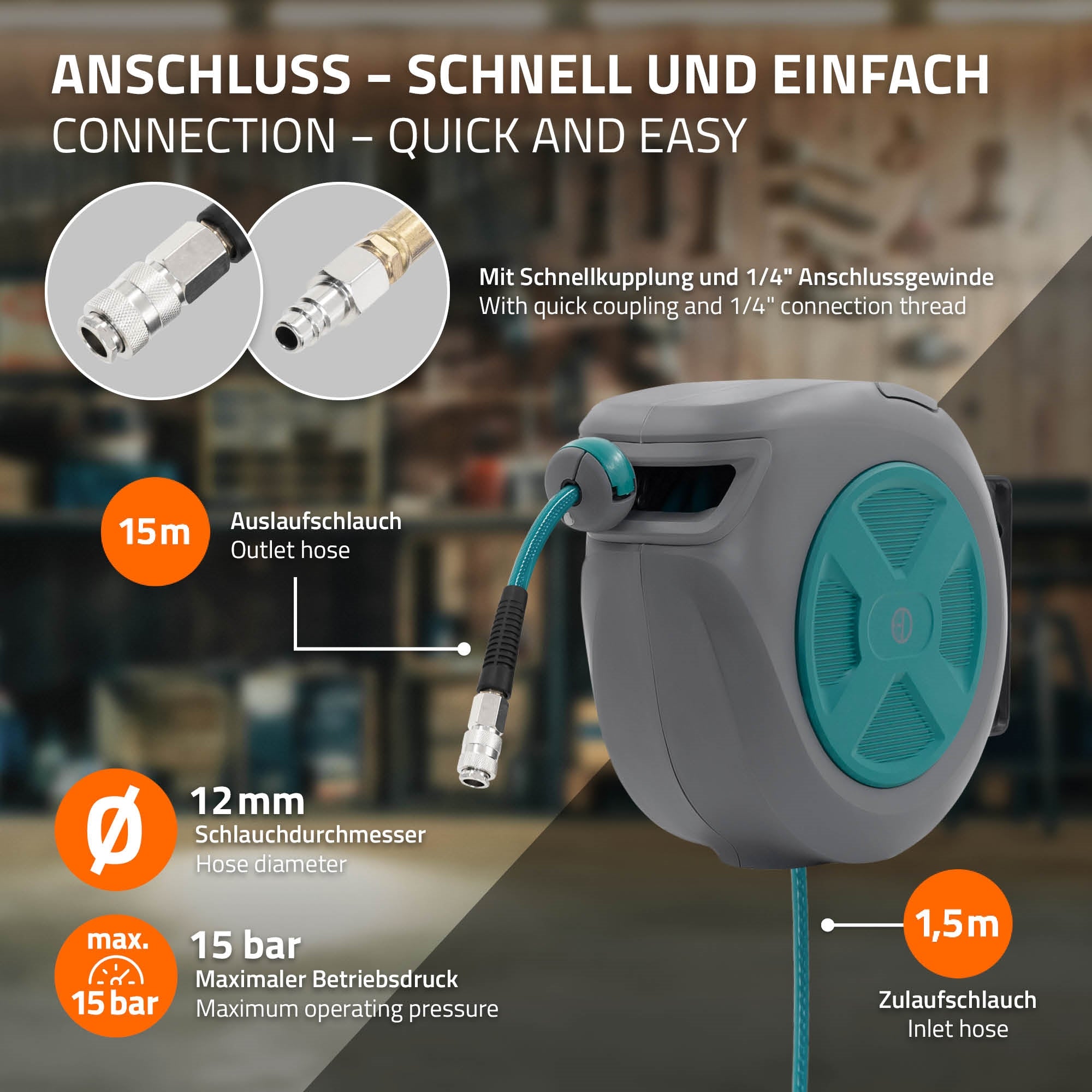 ECD Germany Werkstatt enrouleur air comprimé 15 m mural auto