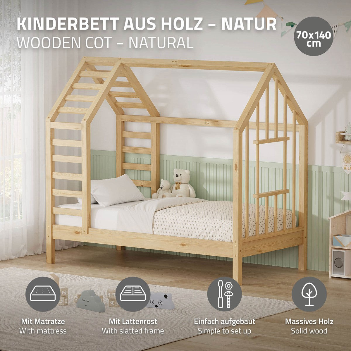 ECD Kinder lit cabane 70x140 naturel avec matelas 10 cm pin