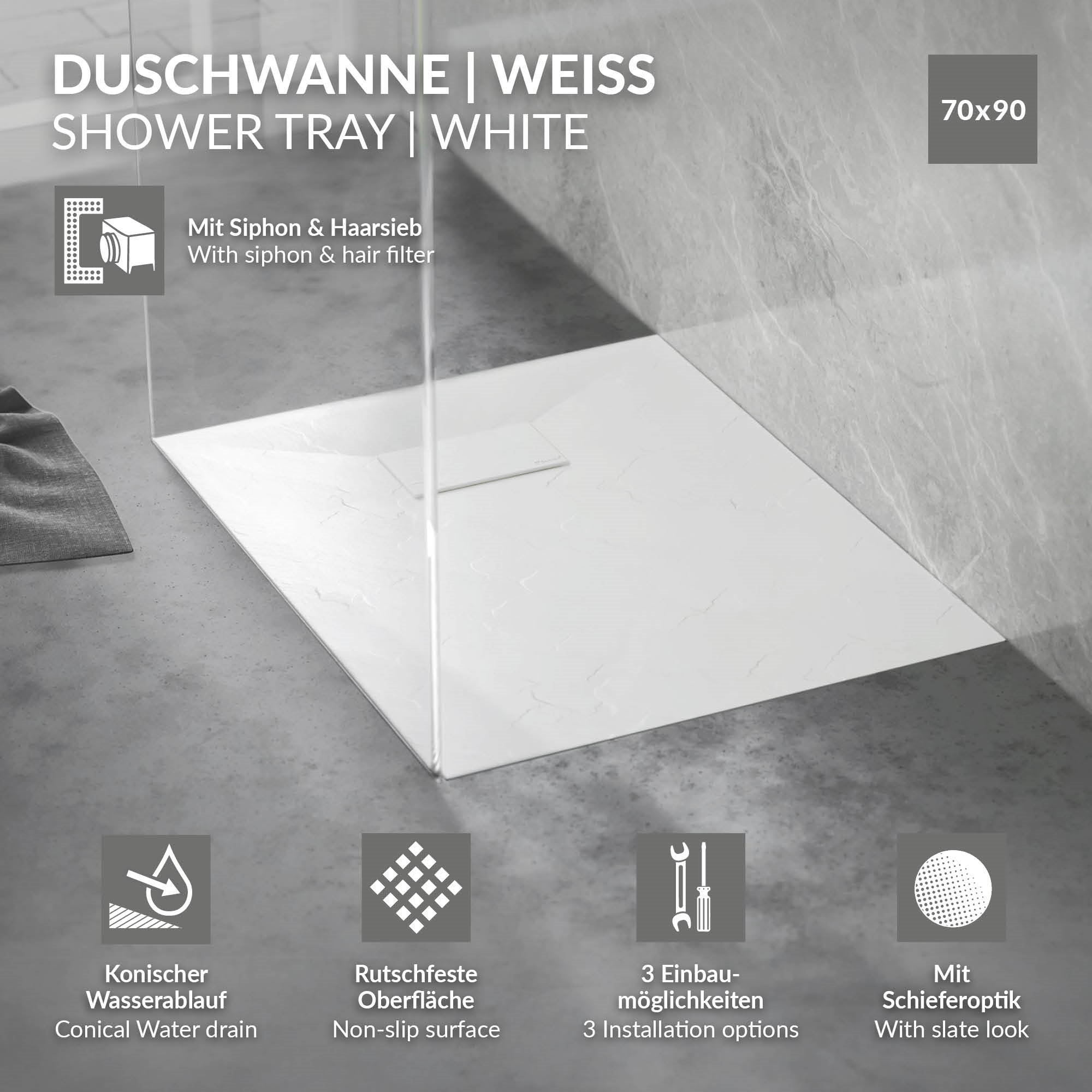 ECD Germany Sanitär receveur de douche blanc 90x70 cm antidérapant
