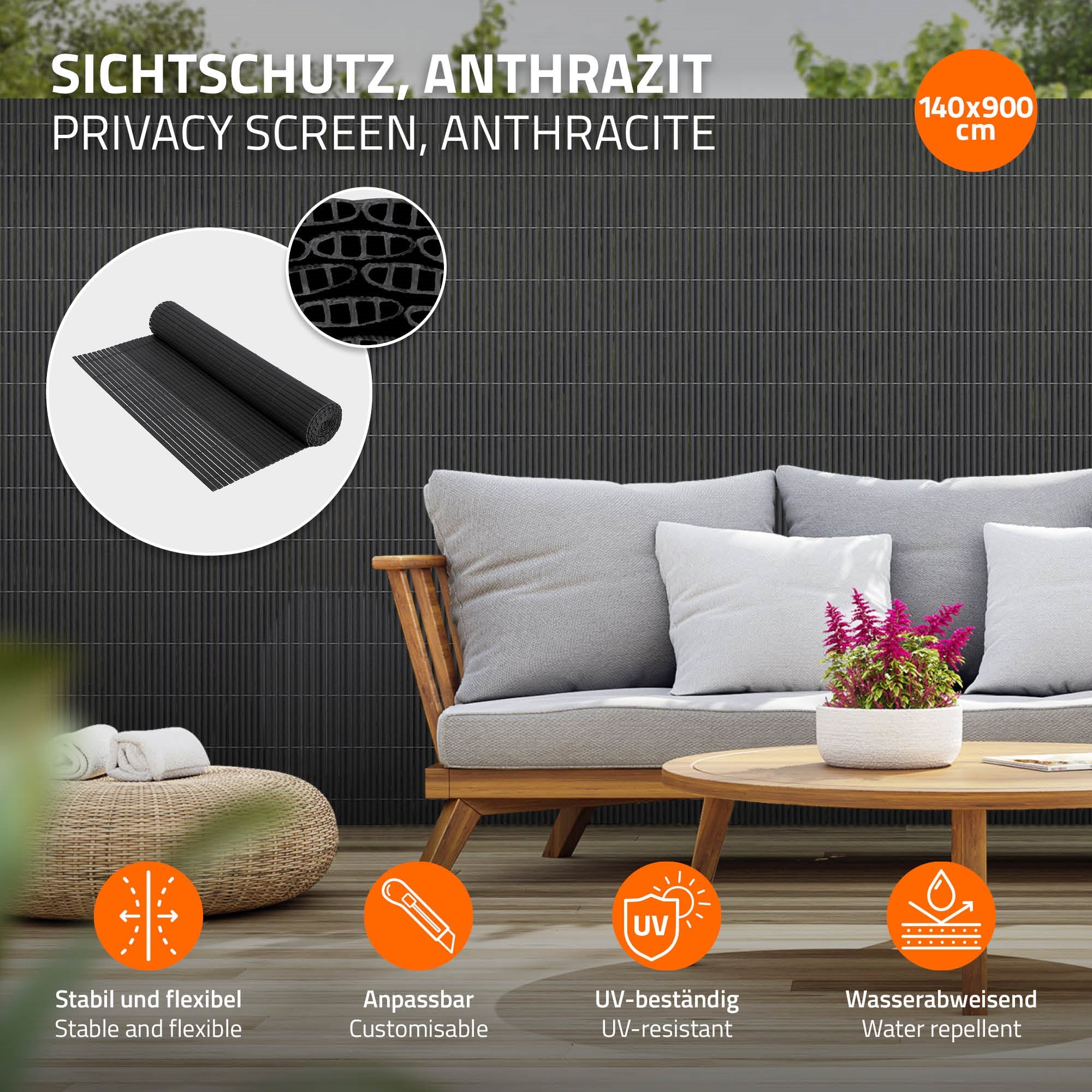 ECD Germany Garten brise-vue PVC anthracite 900x140 cm UV