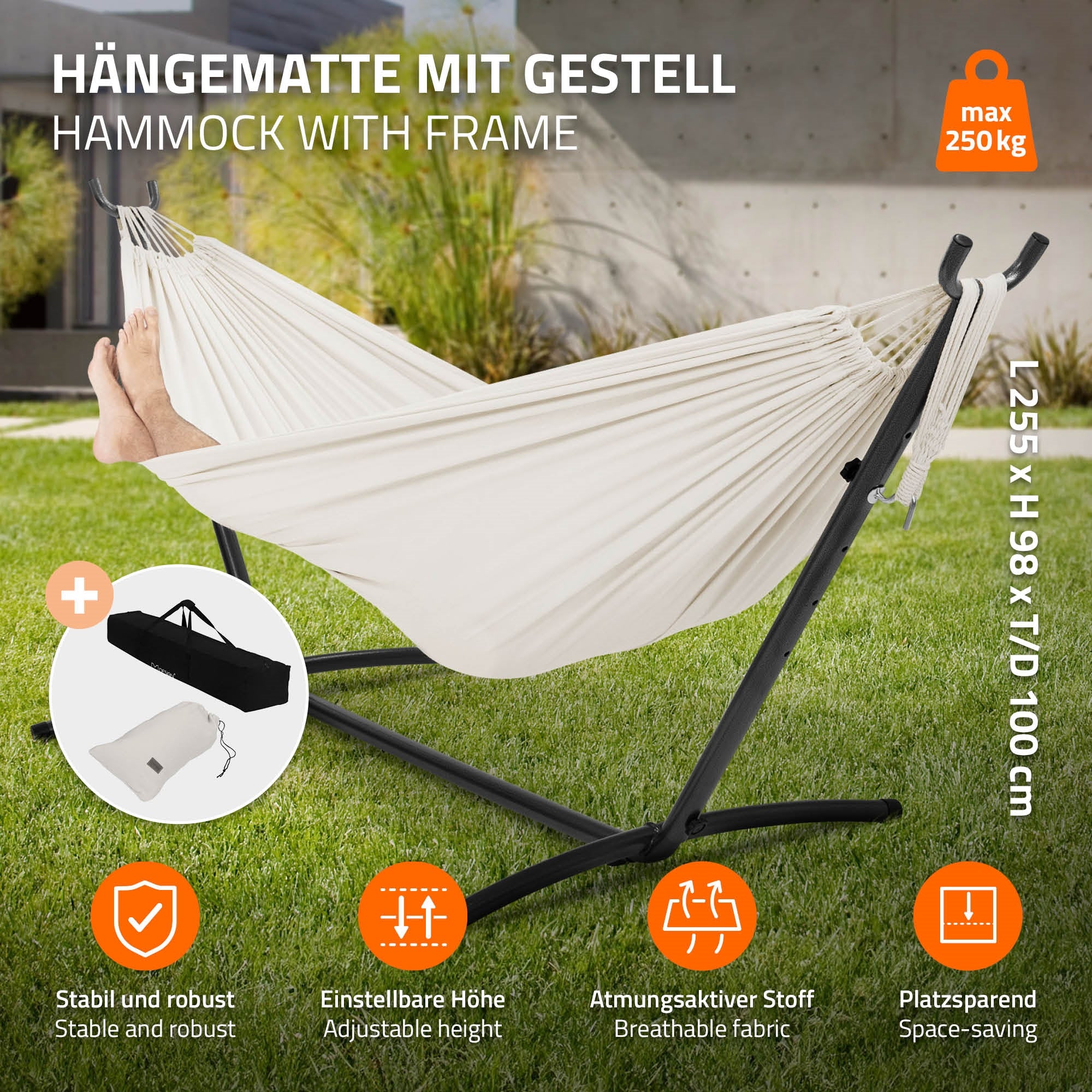 ML-Design hamac XXL noir 255cm avec support acier 250kg