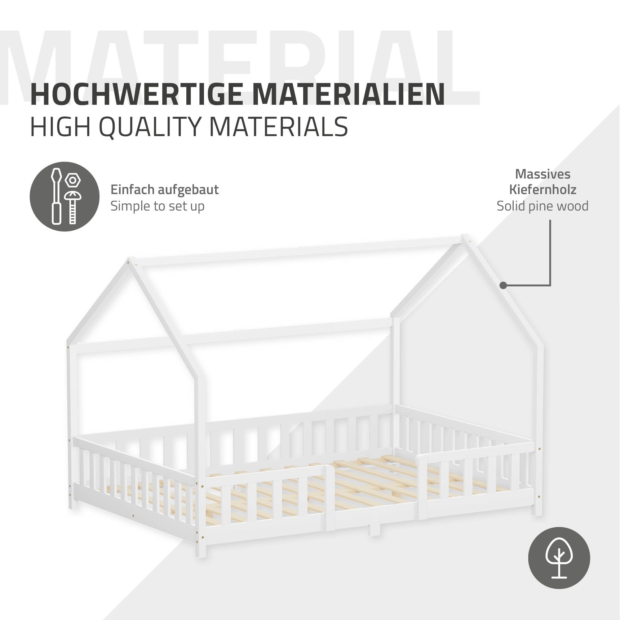 ECD Germany lit cabane enfant blanc 140x200 pin + matelas 16cm