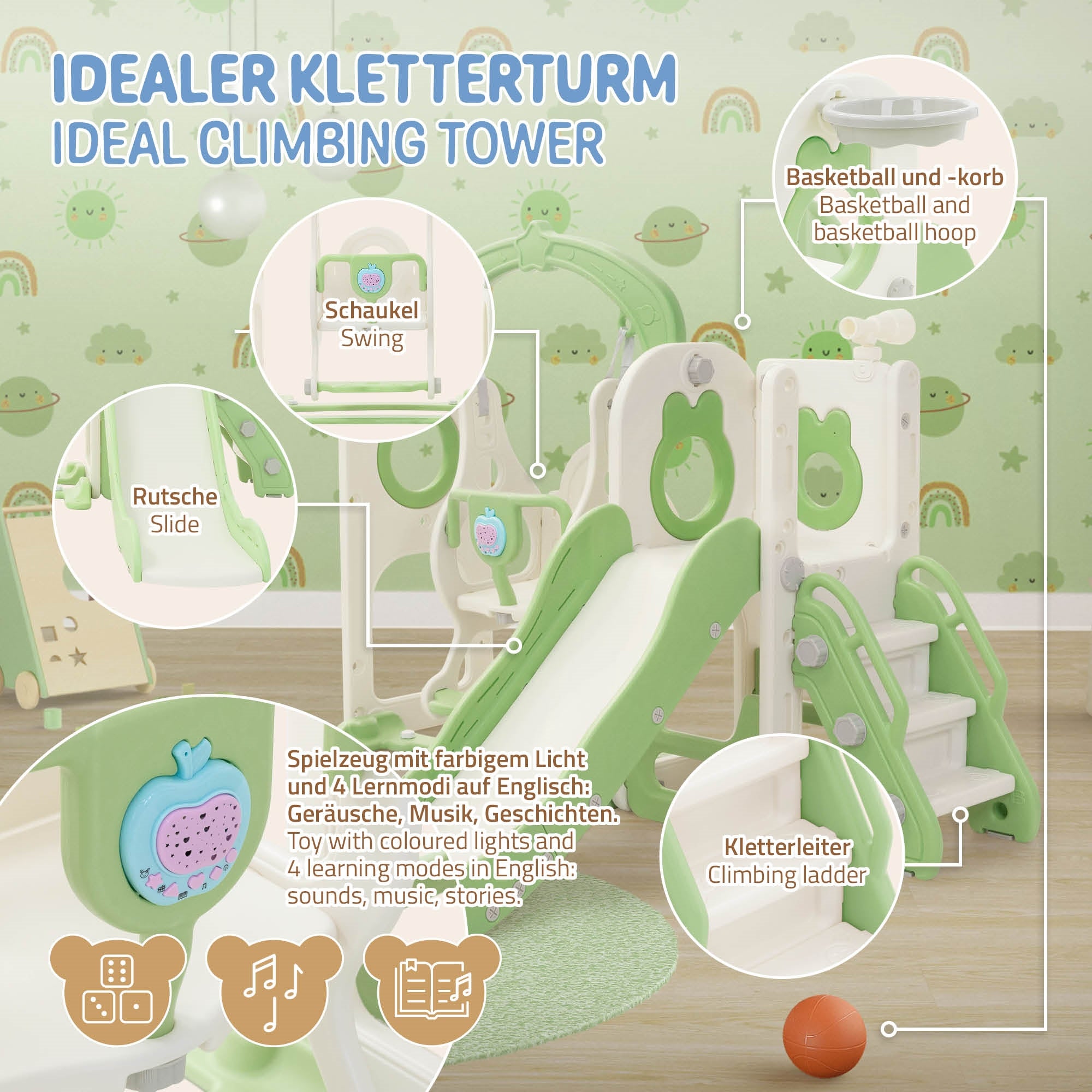 ECD Germany Kinder toboggan balançoire 5en1 vert clair