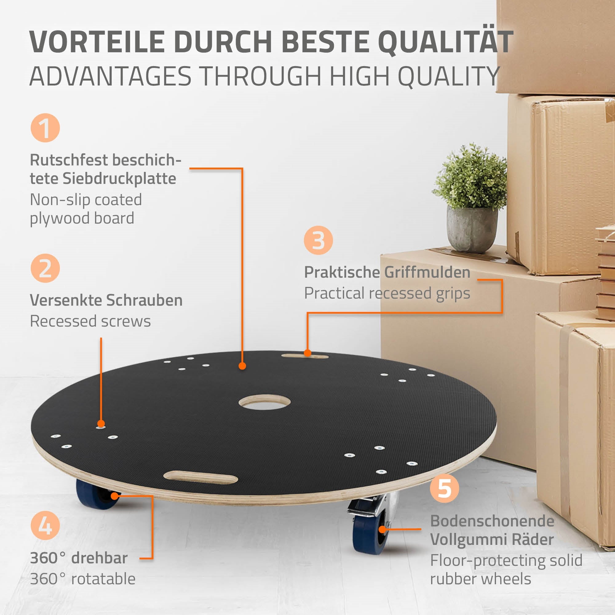 ECD Germany plateau roulant rond 87 cm bois 800 kg avec freins