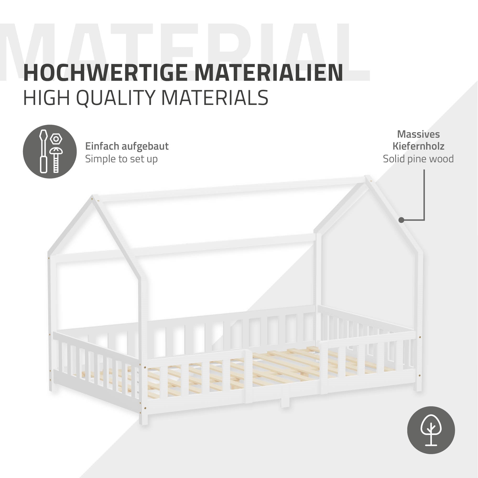 ECD Germany Kinder lit cabane 120x200 cm blanc avec barrière