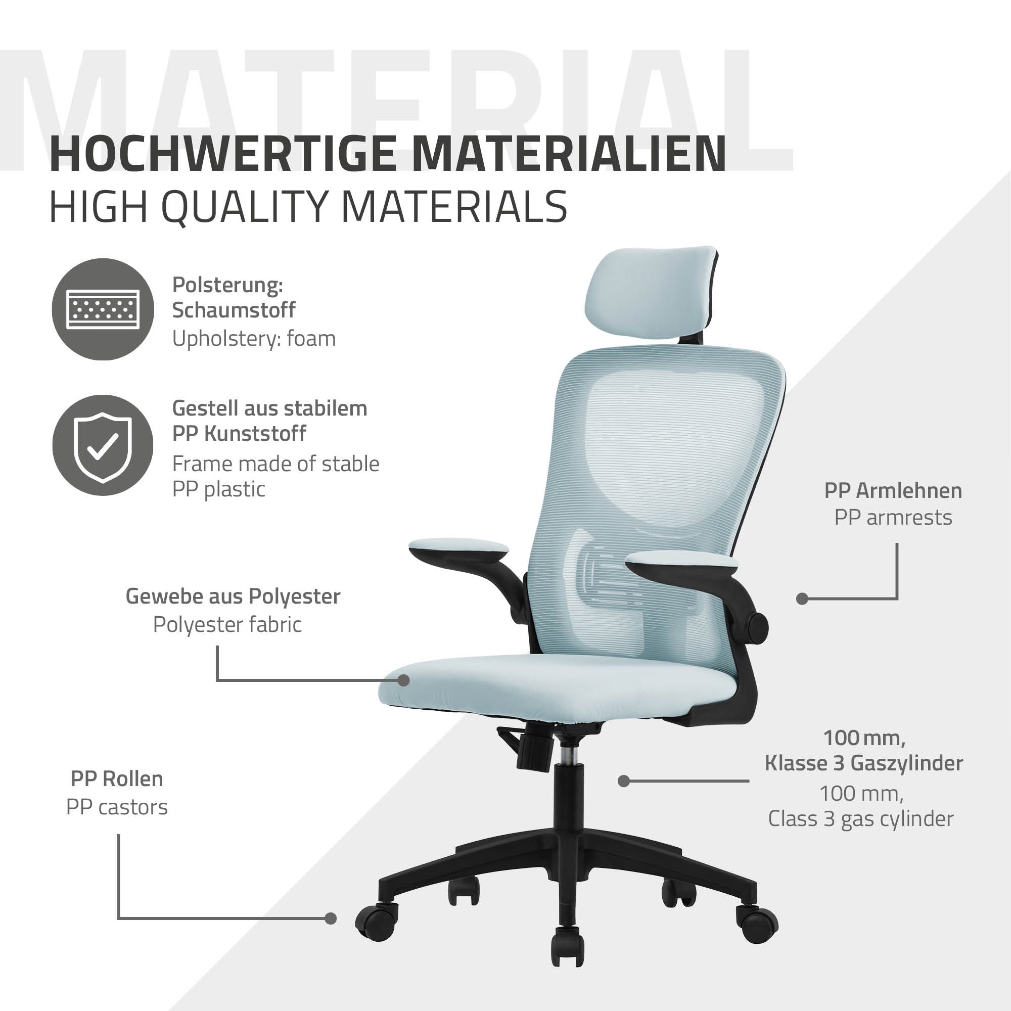 ECD Germany ML-Design chaise de bureau bleu maille appui-tête